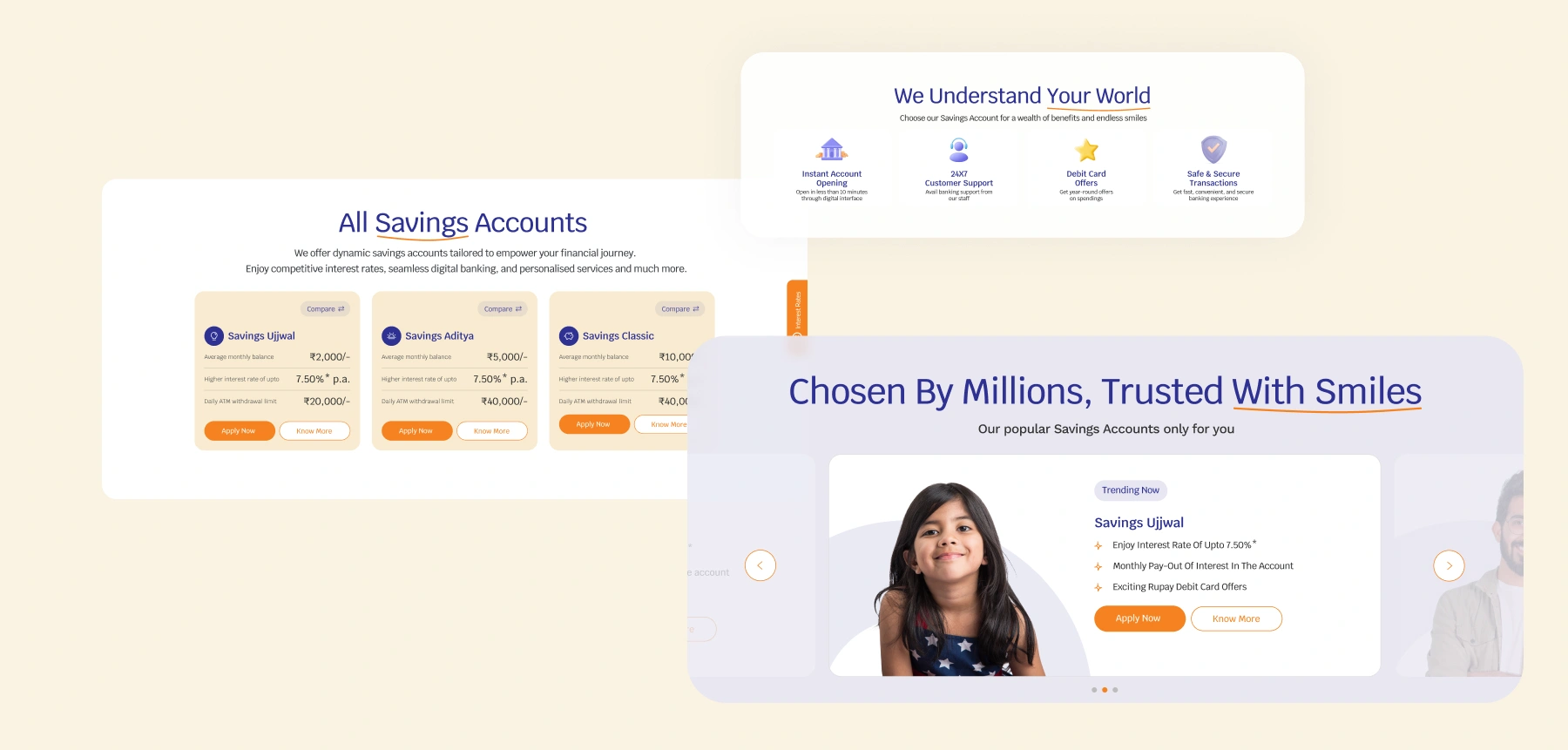 Webpages showcasing the services of a small finance bank, designed by ScreenRoot to enhance the banking user experience