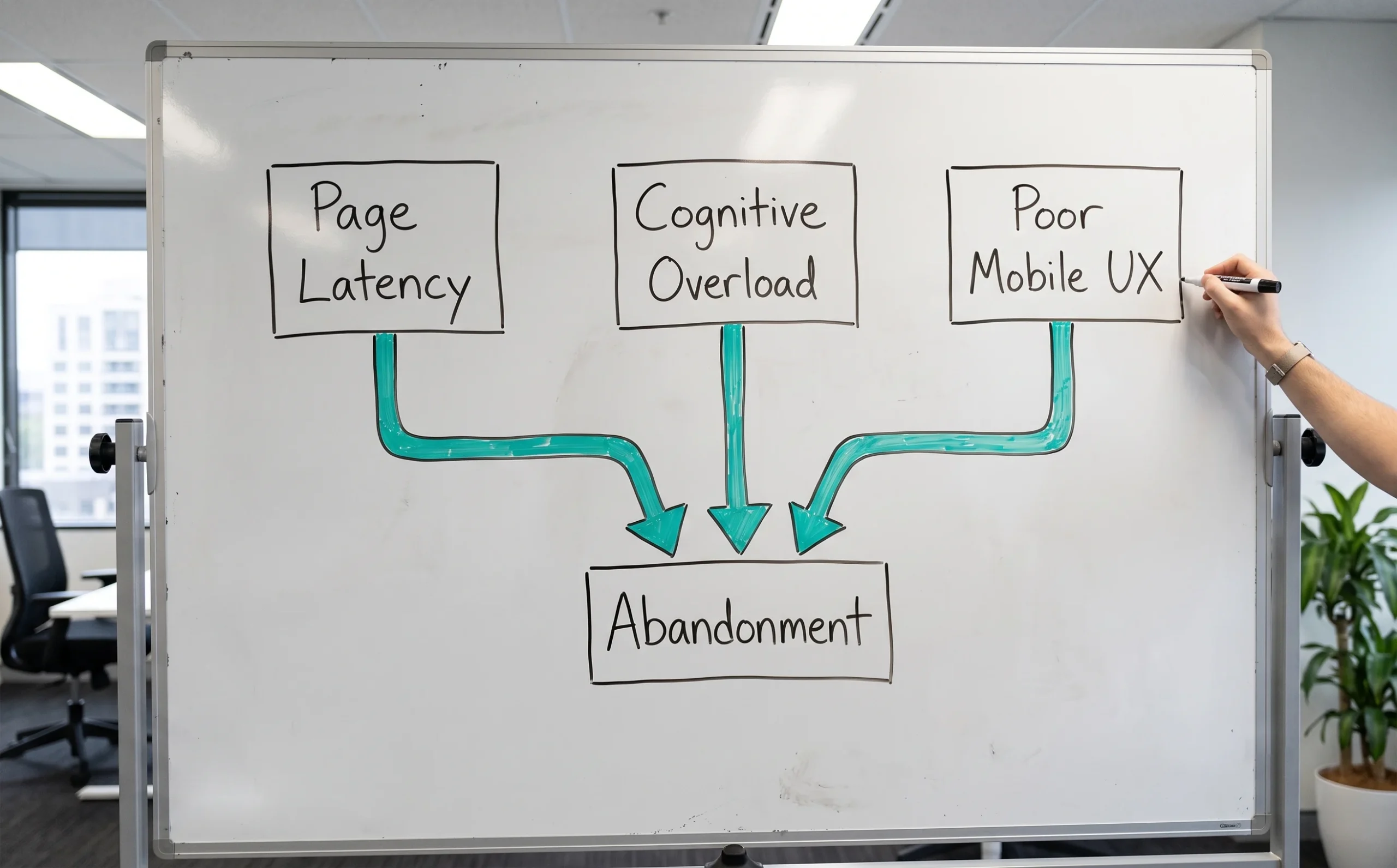 Page latency, cognitive overload, and poor mobile experience are the three predictable causes of user abandonment
