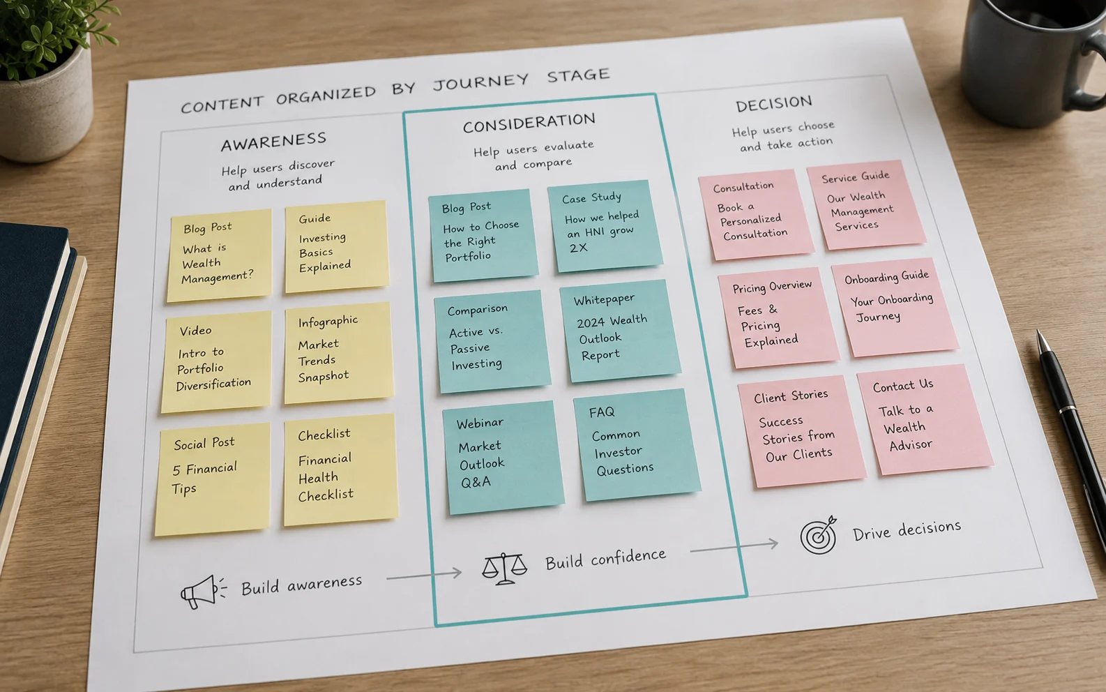 Organizing content by journey stage, not file type, keeps users moving toward the action they came to complete