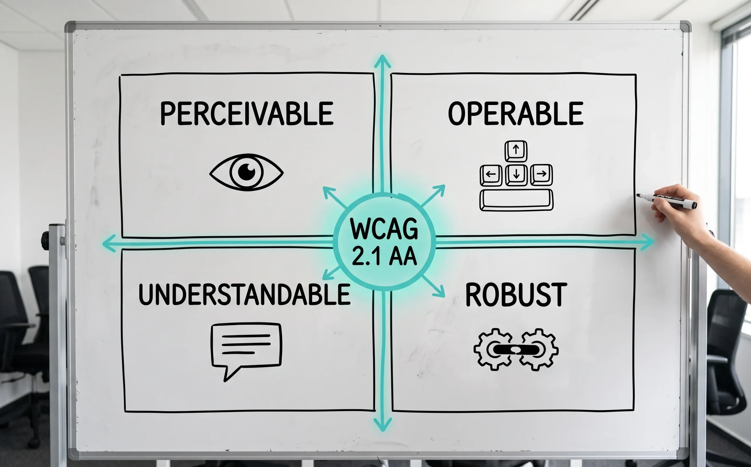 WCAG 2.1 AA is organized around four principles: perceivable, operable, understandable, and robust