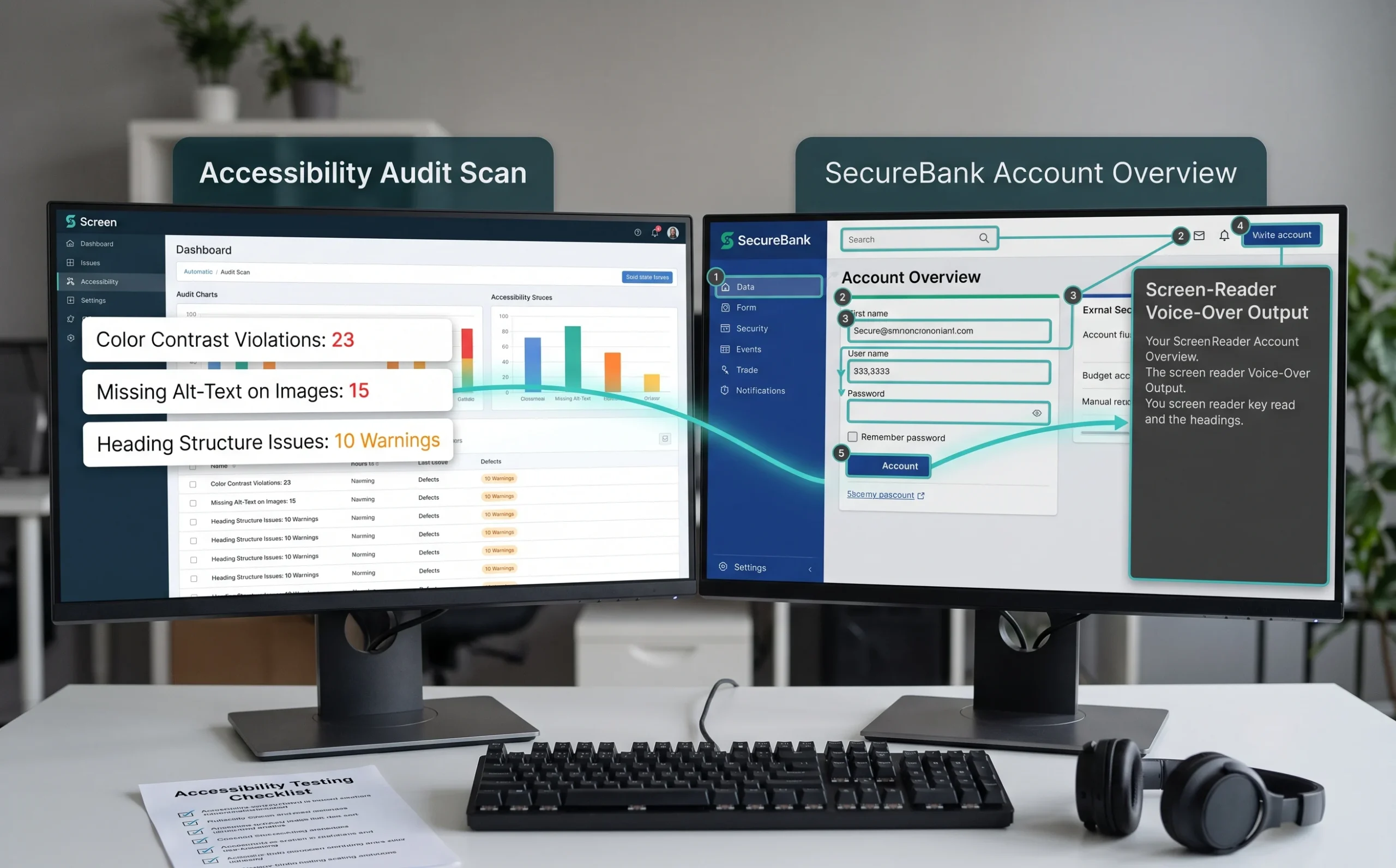 A strong accessibility framework combines automated checks with manual screen-reader, keyboard, and user testing