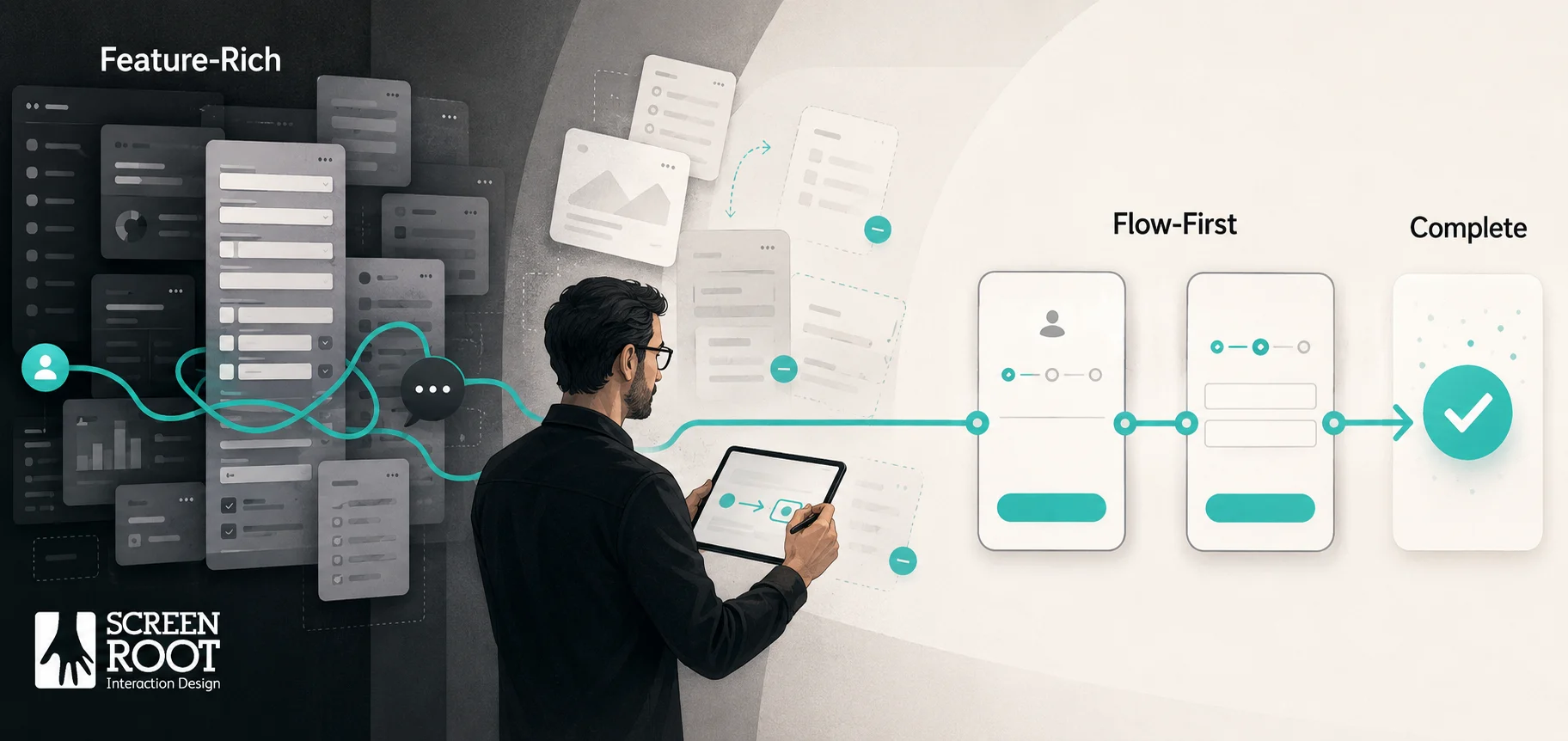 Feature-rich interface transformed into a clear flow-first user journey that improves task completion and reduces friction