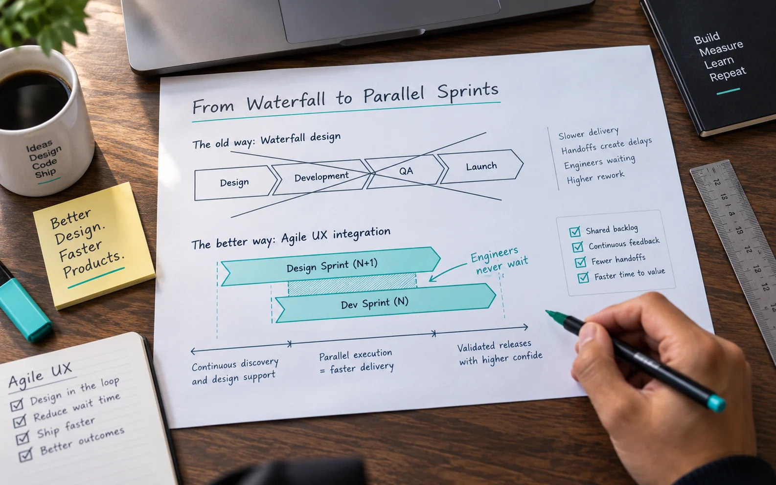 Diagram comparing waterfall design handoffs to parallel design-development sprints in an agile UX workflow