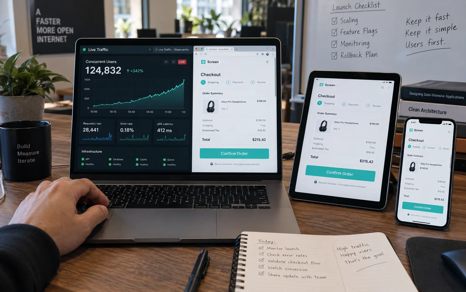 Checkout flow shown consistently across laptop, tablet, and phone during a traffic spike, demonstrating high-volume UX optimization