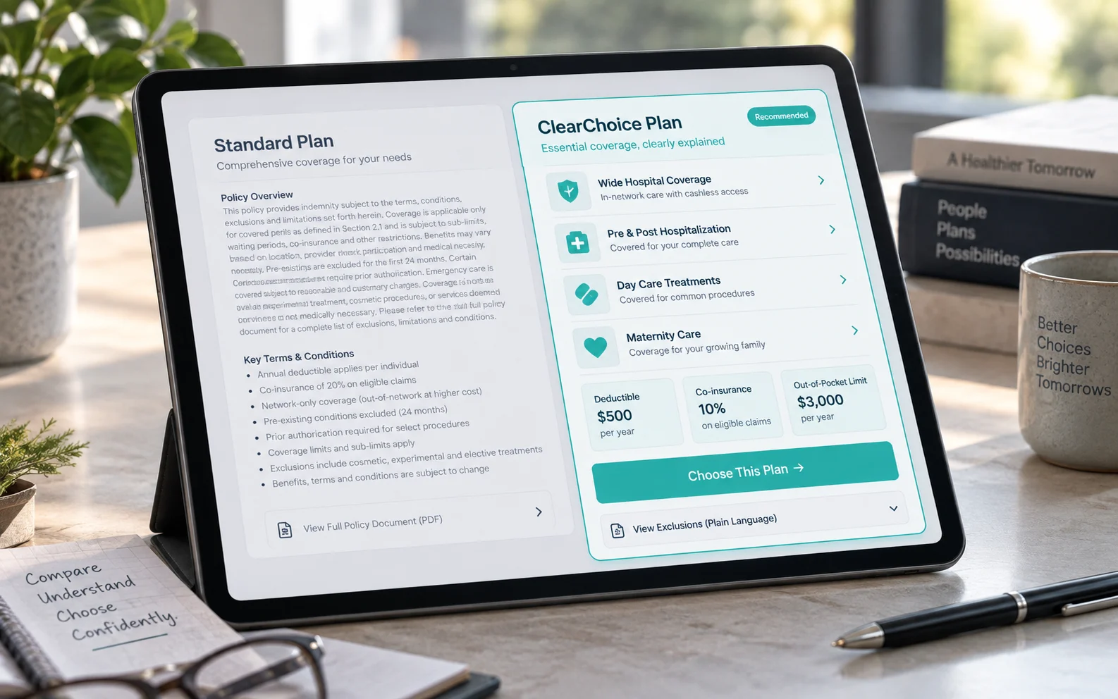 Transparent policy comparison replaces dense fine print with plain-language summaries and clear information hierarchy