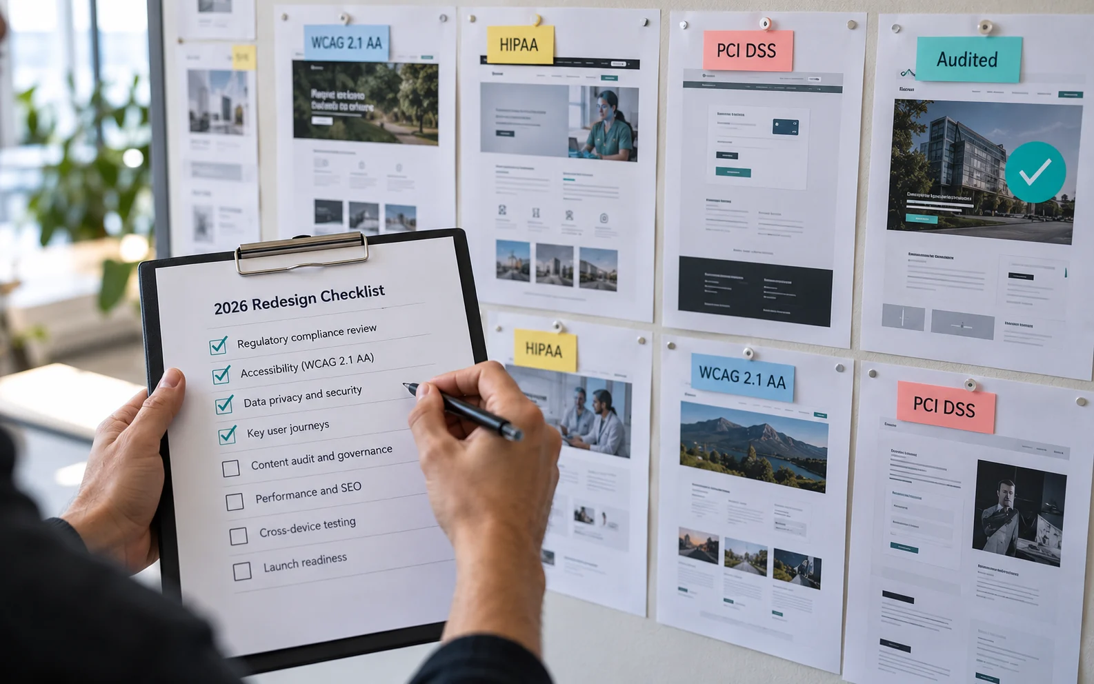 Clipboard checklist mapping WCAG, HIPAA and PCI DSS requirements to specific website pages before an enterprise redesign launch