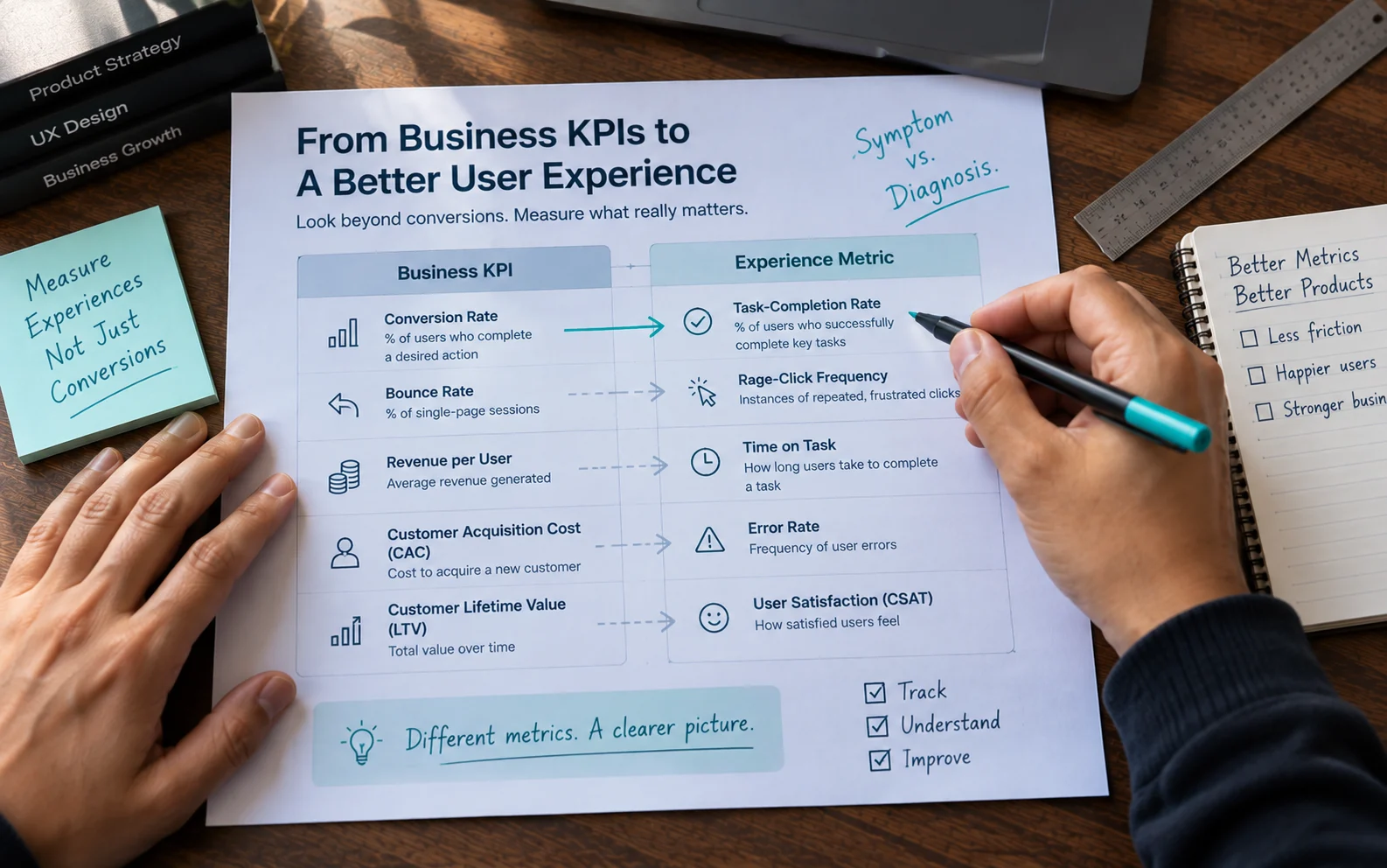 Diagram connecting business KPIs like conversion rate to experience metrics like task-completion rate, showing why both layers matter