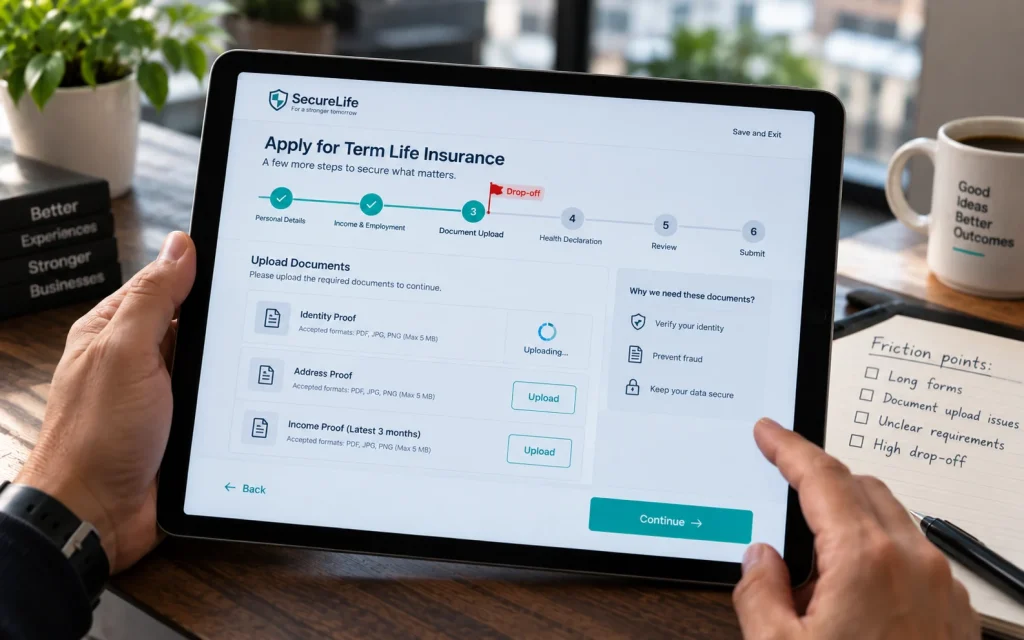 Multi-step insurance application stalled at a document upload step, illustrating where high-friction onboarding flows lose users