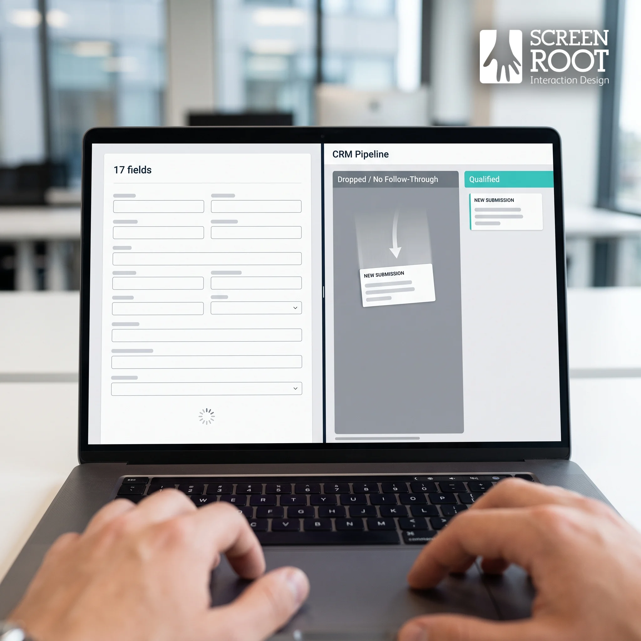 Lead capture form feeding a CRM pipeline where submissions split into a small qualified lane and a large dropped lane, illustrating how UX friction filters lead quality