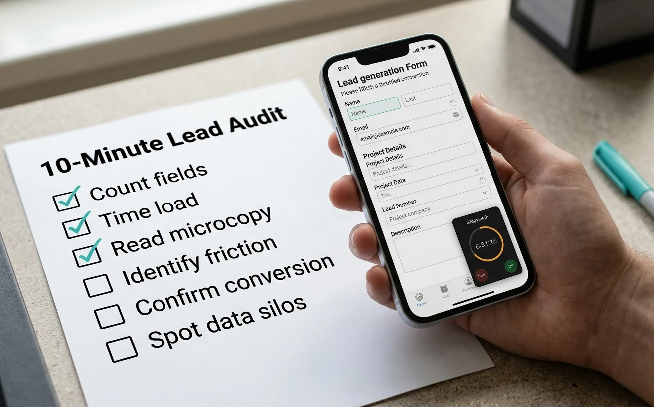 Phone mid-form-fill with a stopwatch and a partially completed checklist, showing a CMO running a ten-minute lead journey audit