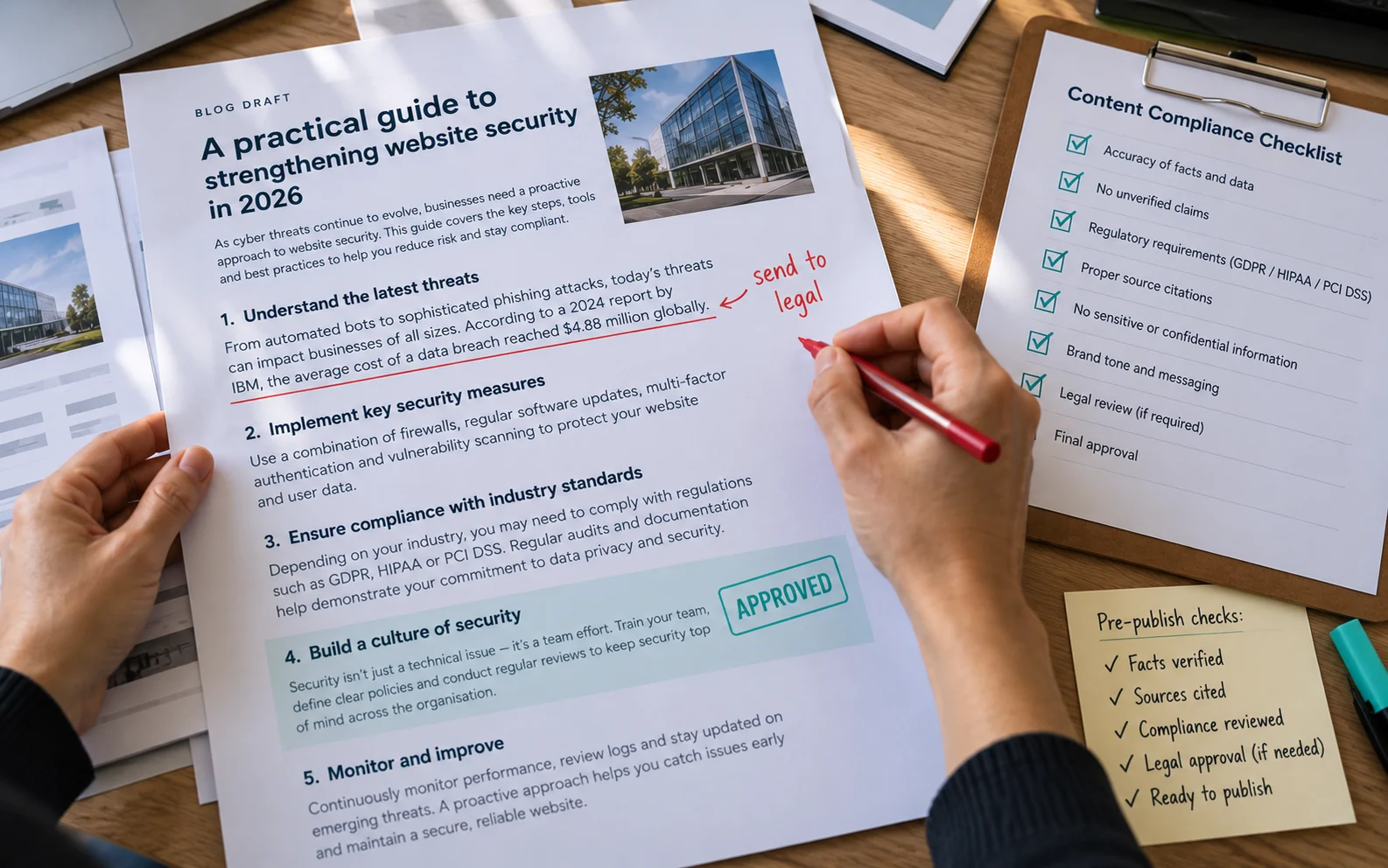 Content draft flagged for legal review next to an approved paragraph, showing a pre-publication compliance audit for brand authority