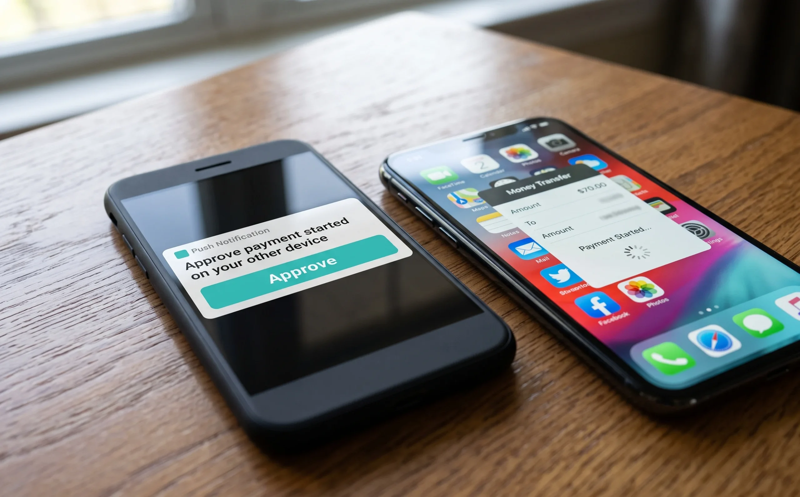 Cross-device payment approval between a dedicated banking phone and an everyday phone, showing how to balance banking security with usability