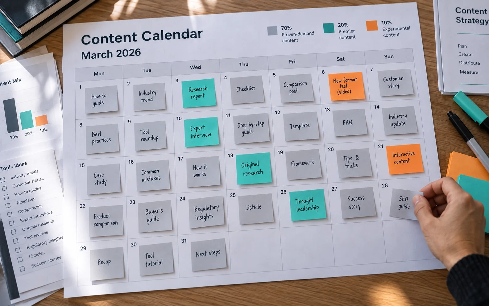 Monthly content calendar with proven, premier, and experimental topics color-coded, illustrating the 70/20/10 planning rule