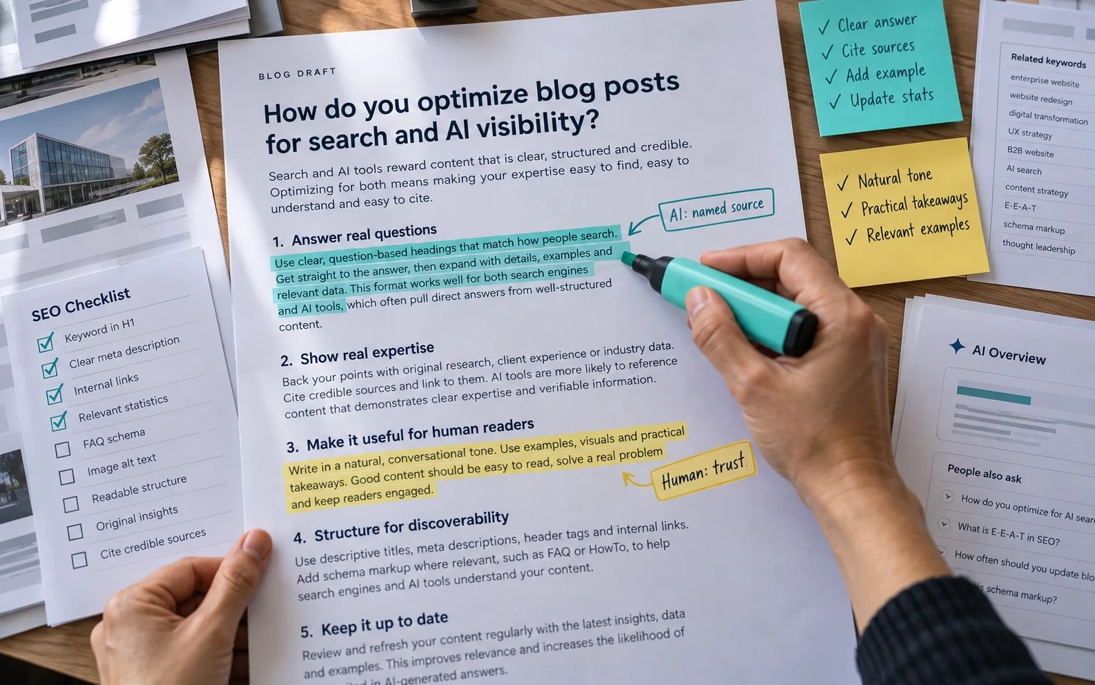 Blog draft highlighted for both AI citation cues and human trust signals, showing how to optimize content for search and AI visibility