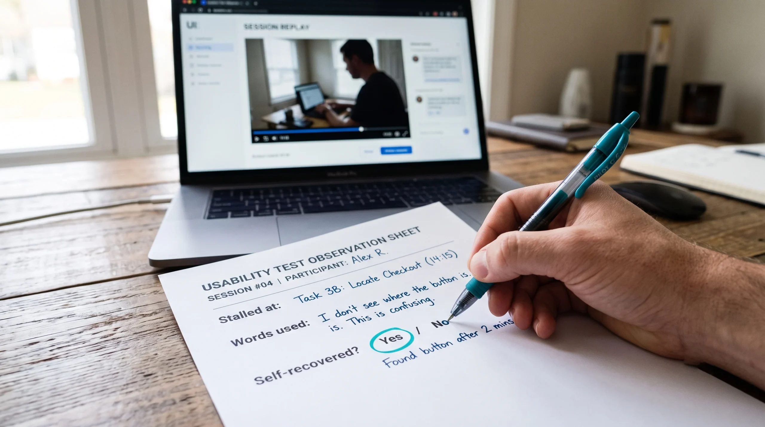 Observation sheet recording where a test participant stalled and whether they recovered, showing how moderated usability testing validates audit findings