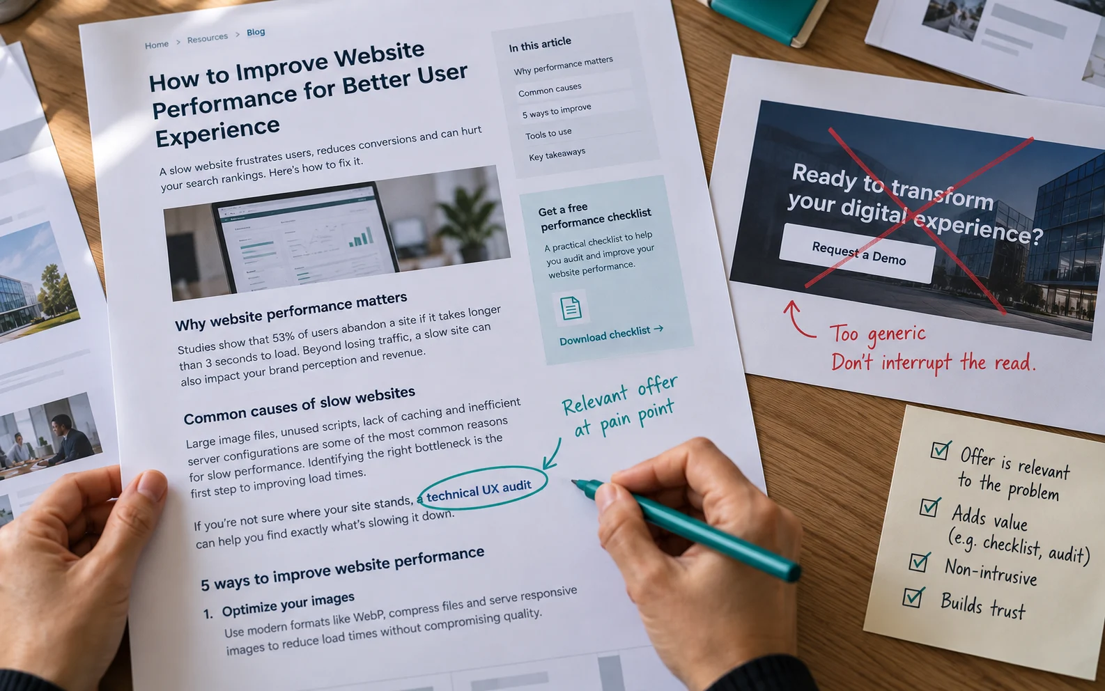 Inline content link placed at a reader's exact pain point, contrasted with a crossed-out generic demo banner, showing effective content-to-sales triggers