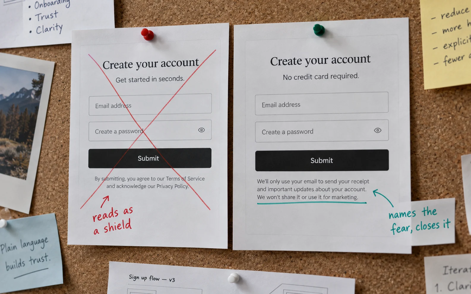 Generic privacy boilerplate compared with plain-language privacy microcopy under a form's submit button, showing which builds trust in regulated industries