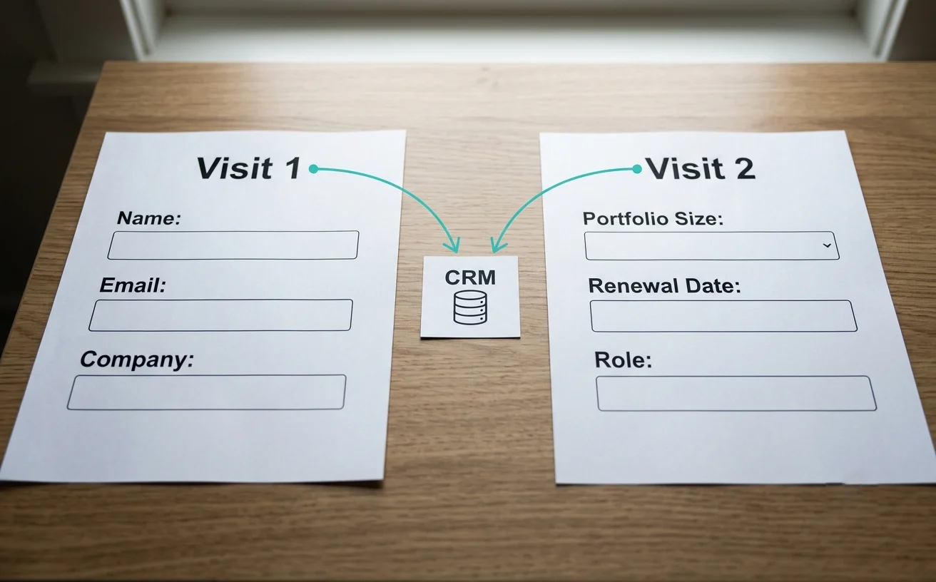 Two different form fields shown to the same returning visitor across two visits, connected through a CRM, illustrating progressive profiling