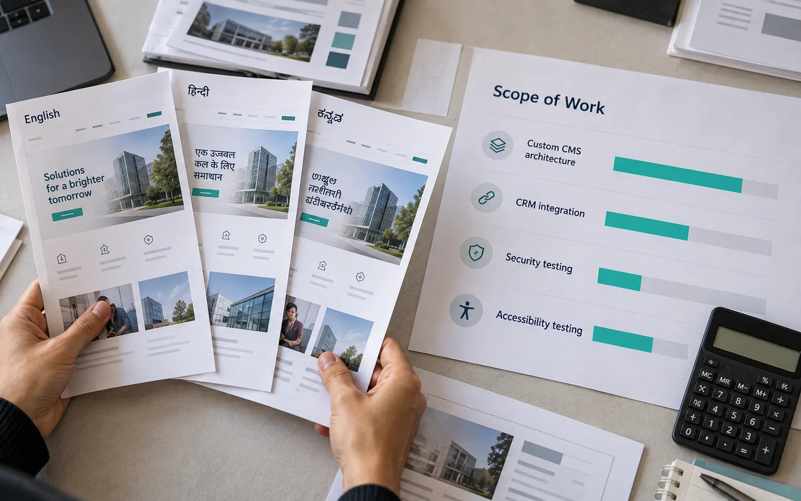 Multilingual page templates beside a scope sheet of CMS, integration, security and accessibility work, showing what drives enterprise website redesign cost