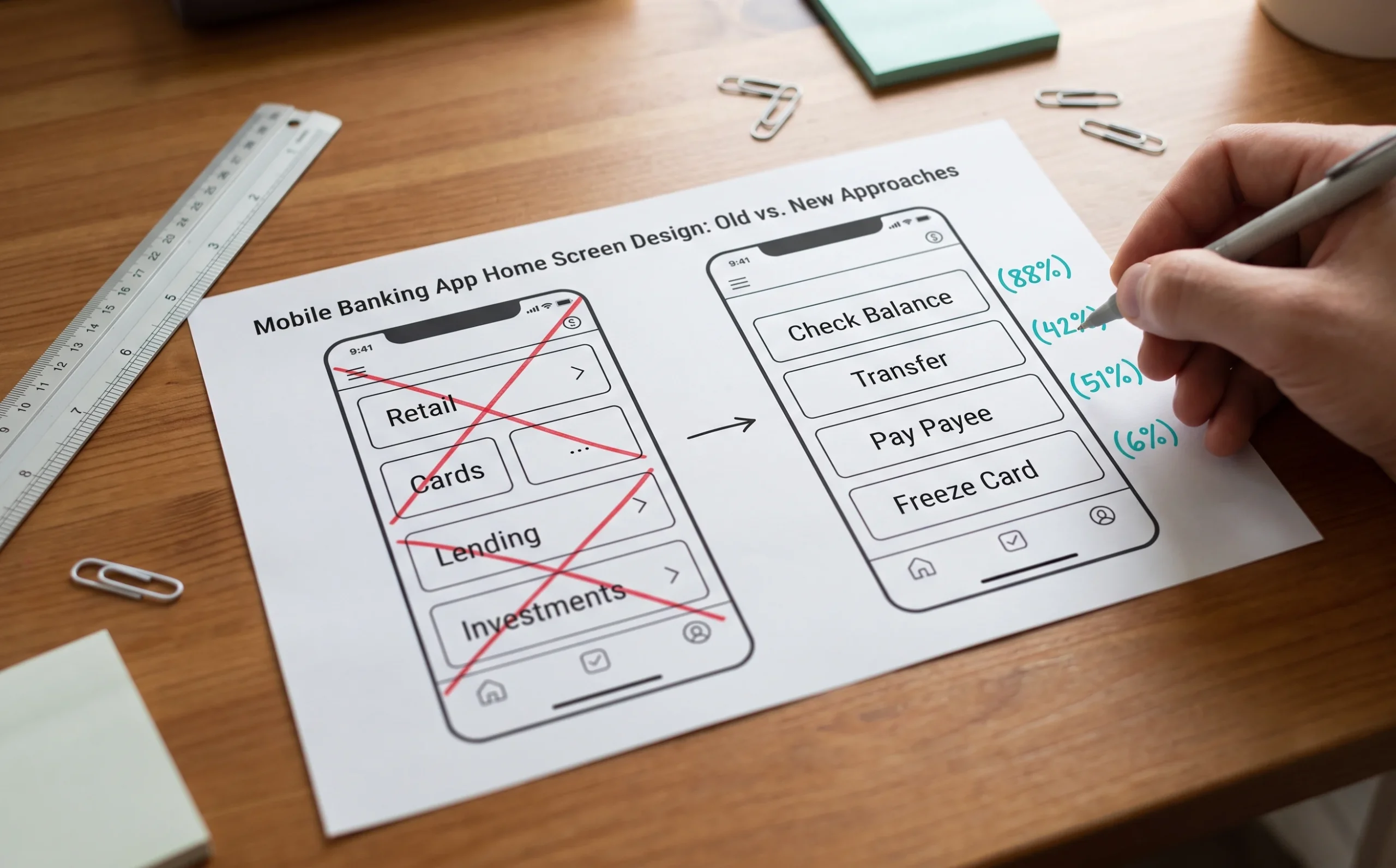 Wireframe comparison of a banking home screen organized by internal team versus by task frequency, showing how to design around real usage data
