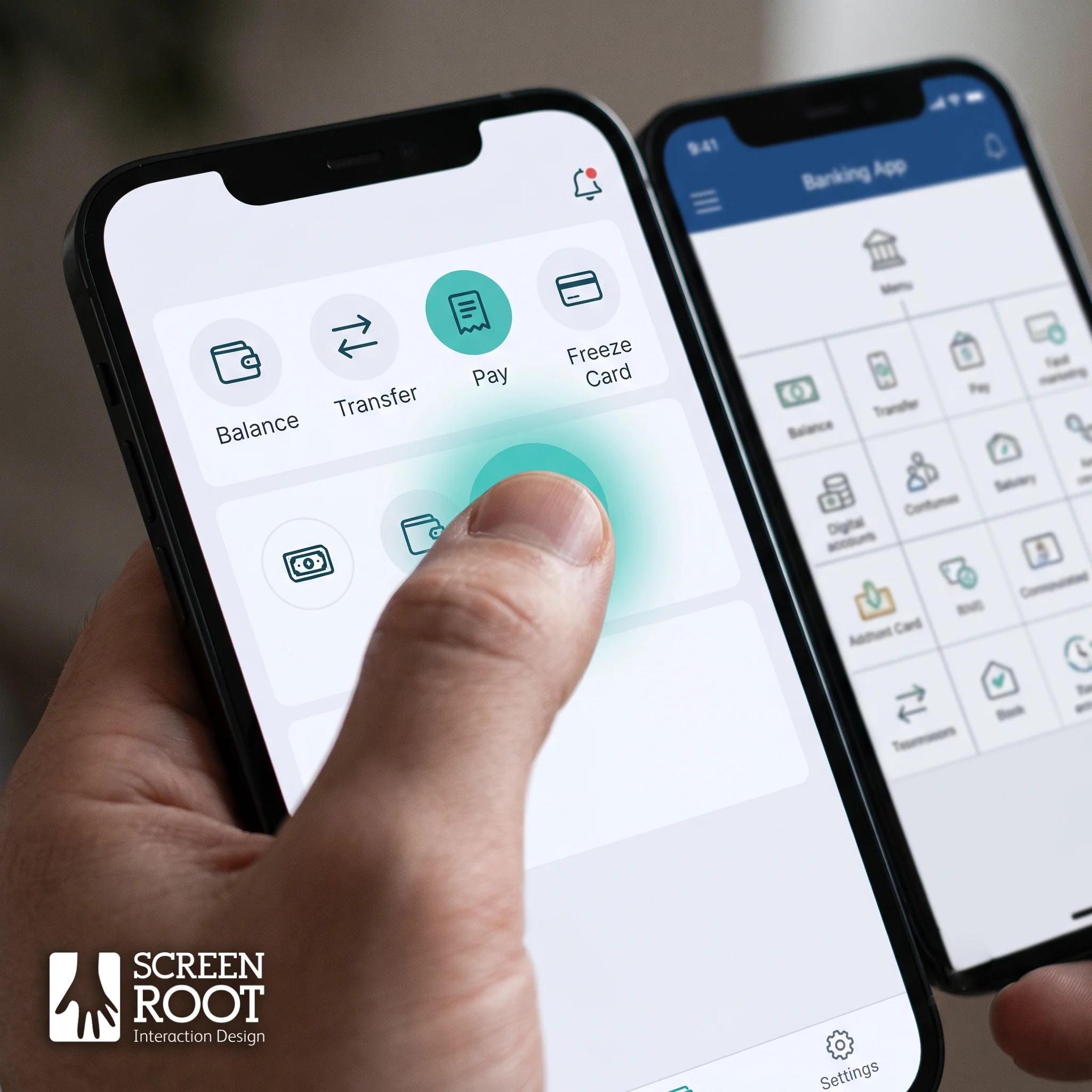 Banking app home screen ordered by task frequency next to a cluttered older menu, showing how reduced cognitive load speeds customer adoption