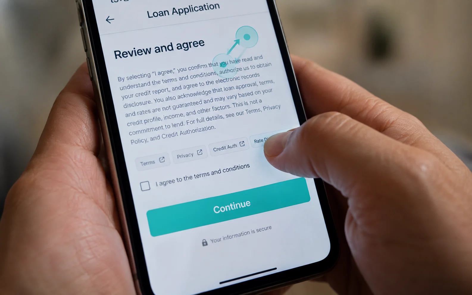 Thumb mis-tapping cramped touch targets on a mobile loan application, showing common mobile-first UX failures in complex transactions