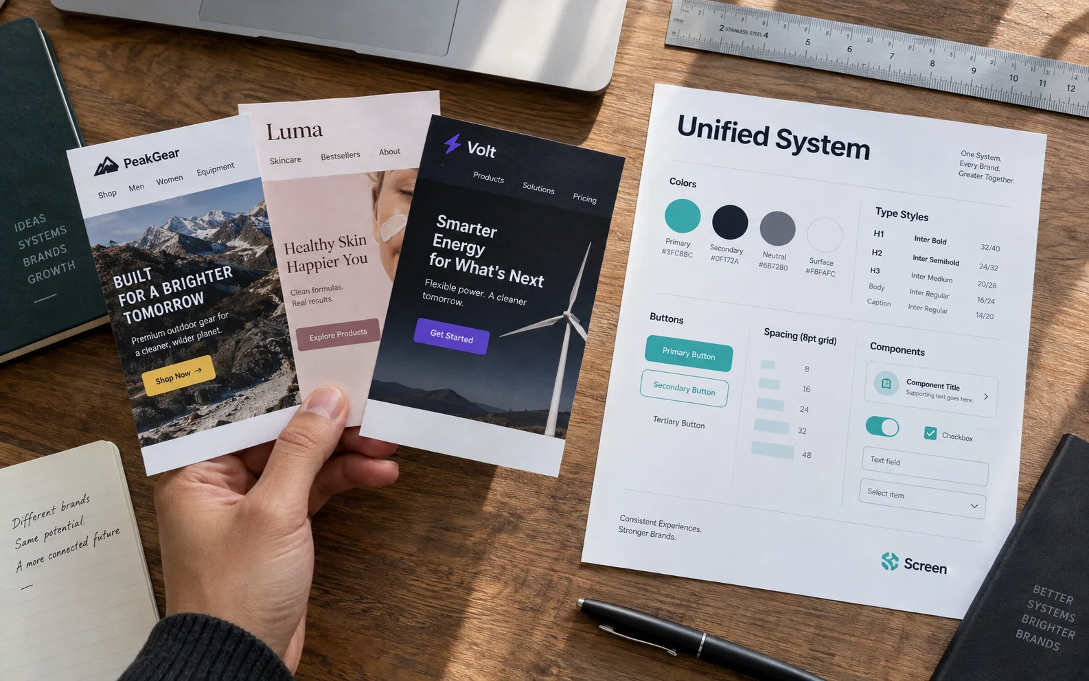 Mismatched sub-brand UI mock-ups compared to a unified component library, showing why scalable design systems protect brand consistency