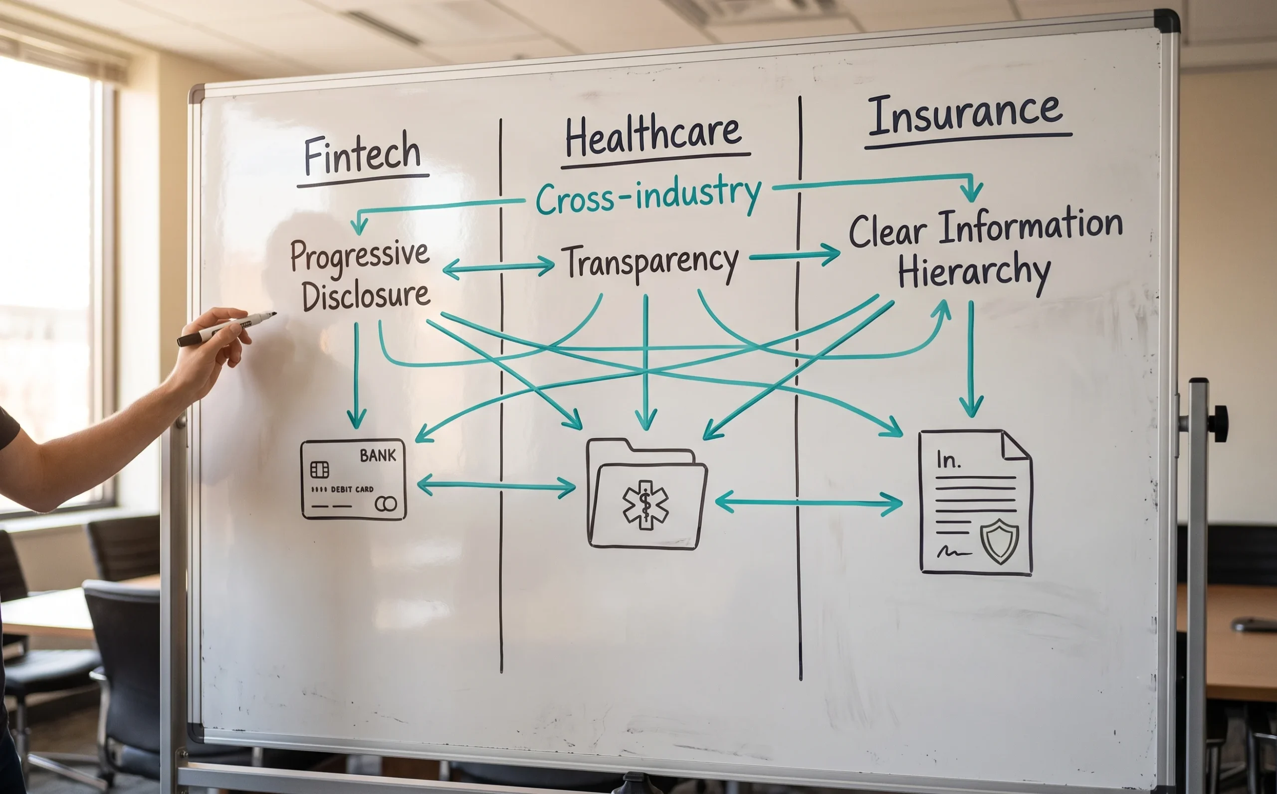 Fintech principles such as progressive disclosure and transparency improve trust across healthcare and insurance experiences