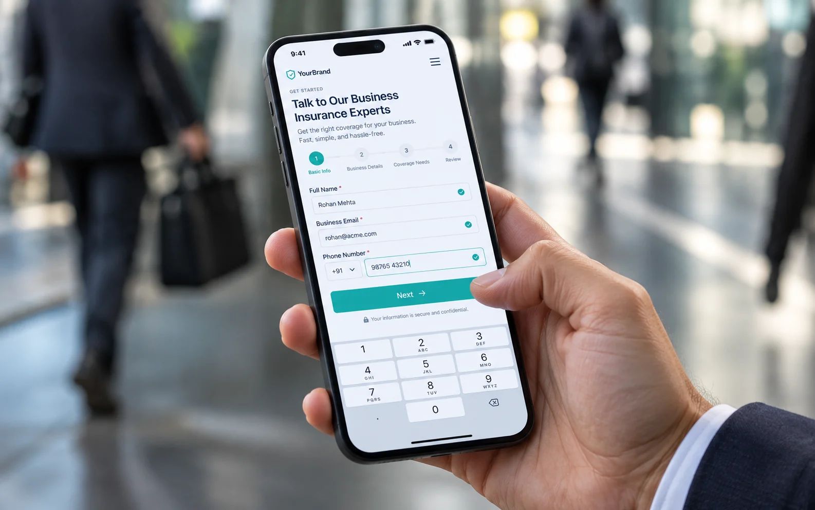 Mobile-first lead forms use thumb-friendly inputs, smart keyboards, and sticky CTAs to reduce drop-off for time-pressed enterprise decision-makers
