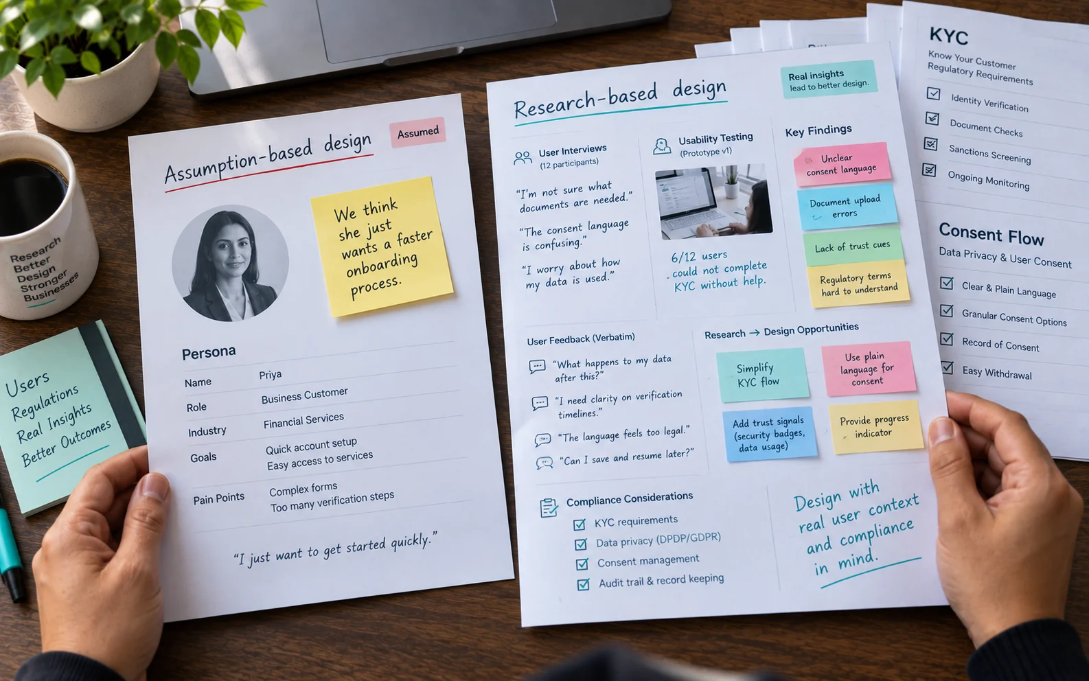 Thin assumption-based persona sheet compared to a detailed usability research board, showing the cost of skipping UX research in regulated sectors