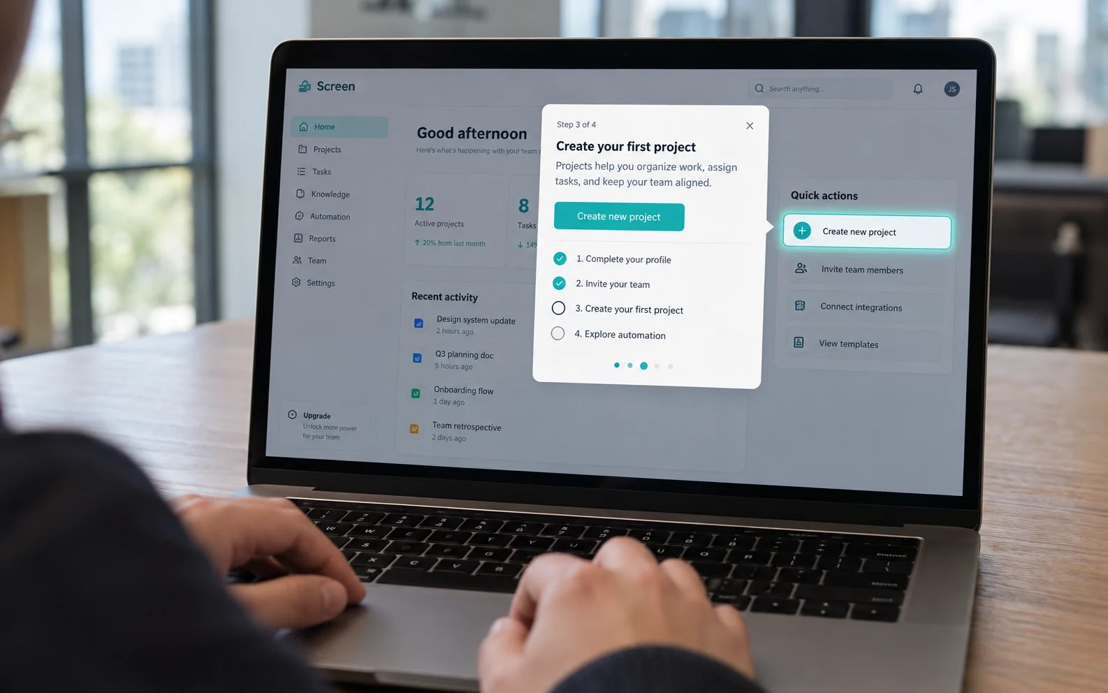 Interactive onboarding walkthrough confirming a completed step before advancing, showing how guided UI drives early product retention