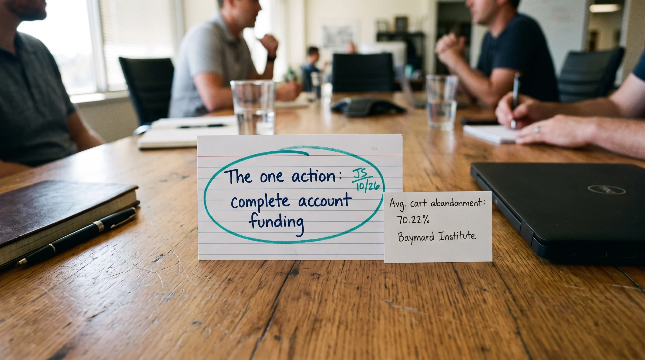 A single agreed business goal and abandonment benchmark on a meeting table before any design work begins, showing how to align a UX audit with revenue