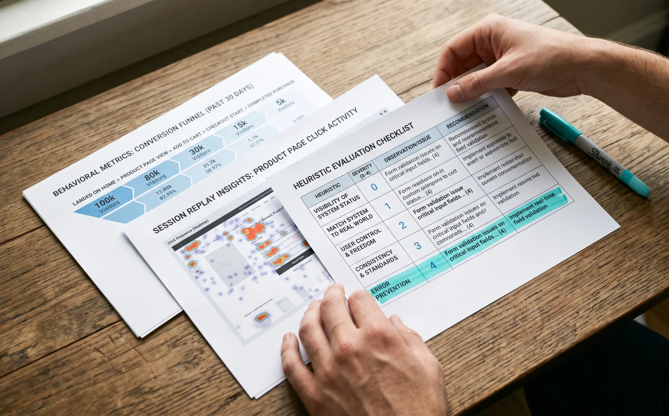 Behavioral funnel data, a session-replay heatmap, and a heuristic checklist layered together, showing how a UX audit combines quantitative and expert evidence