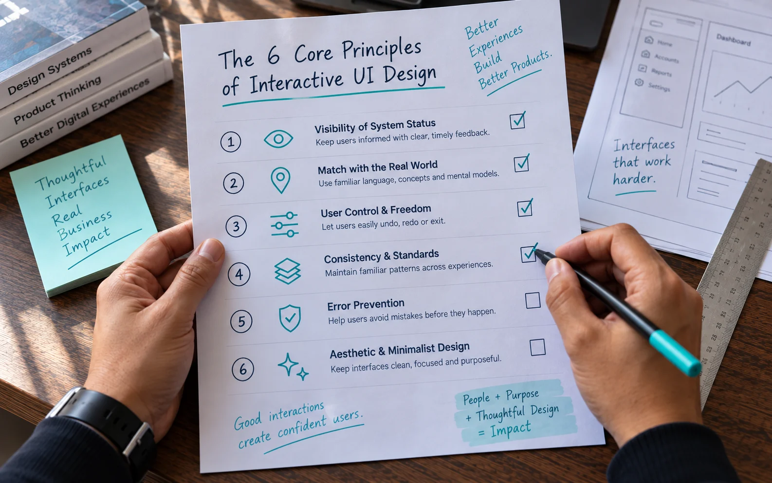 Checklist of the six core interactive UI design principles, from visibility of system status to error prevention