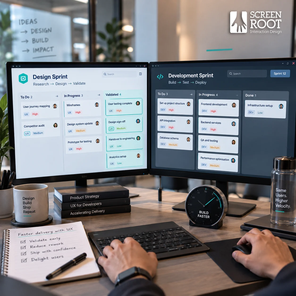 Parallel design and development sprint tracks on a sprint board, illustrating how UX velocity accelerates product delivery