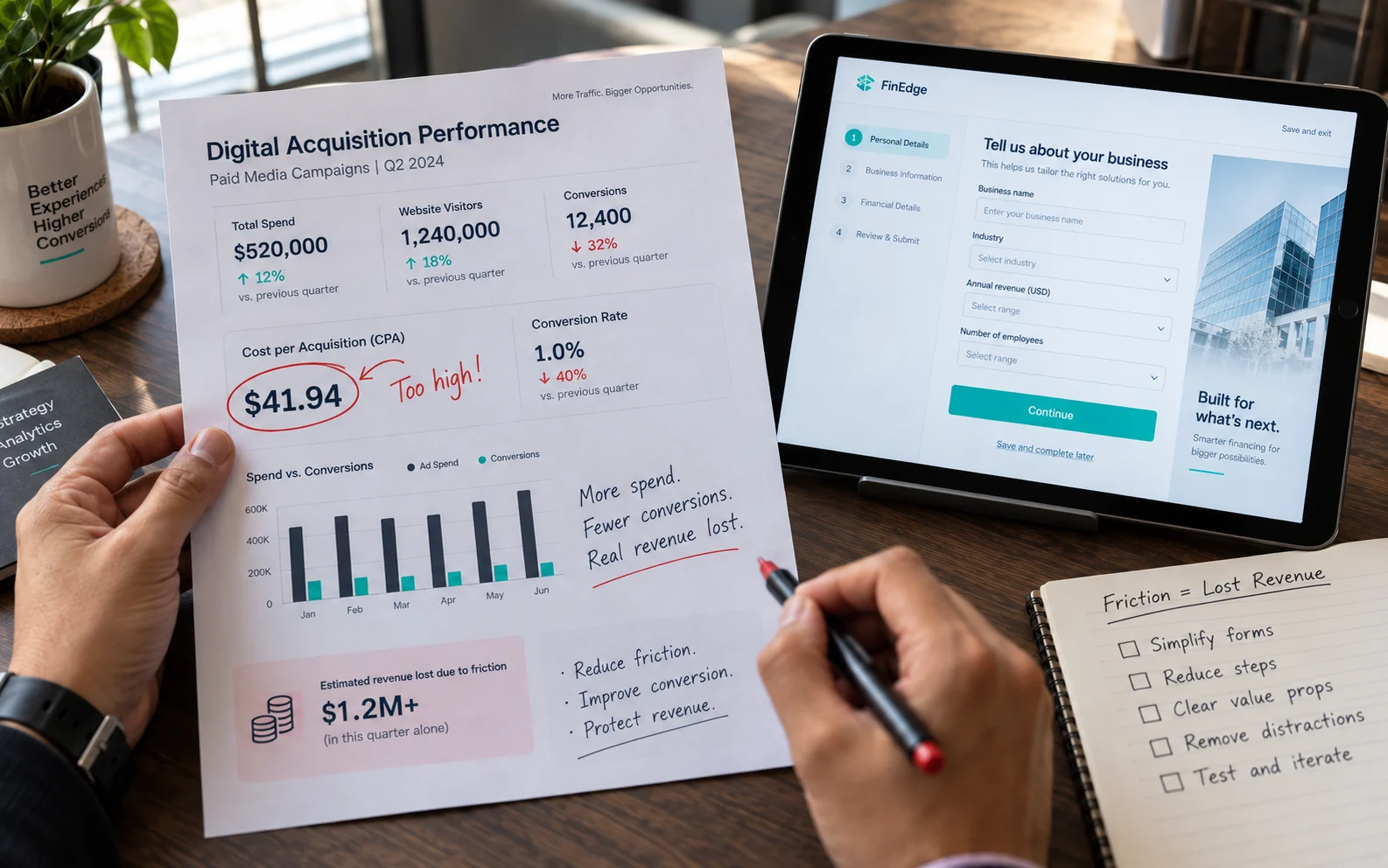 Cost-per-acquisition report next to an abandoned application screen, showing how UX friction directly erodes marketing spend