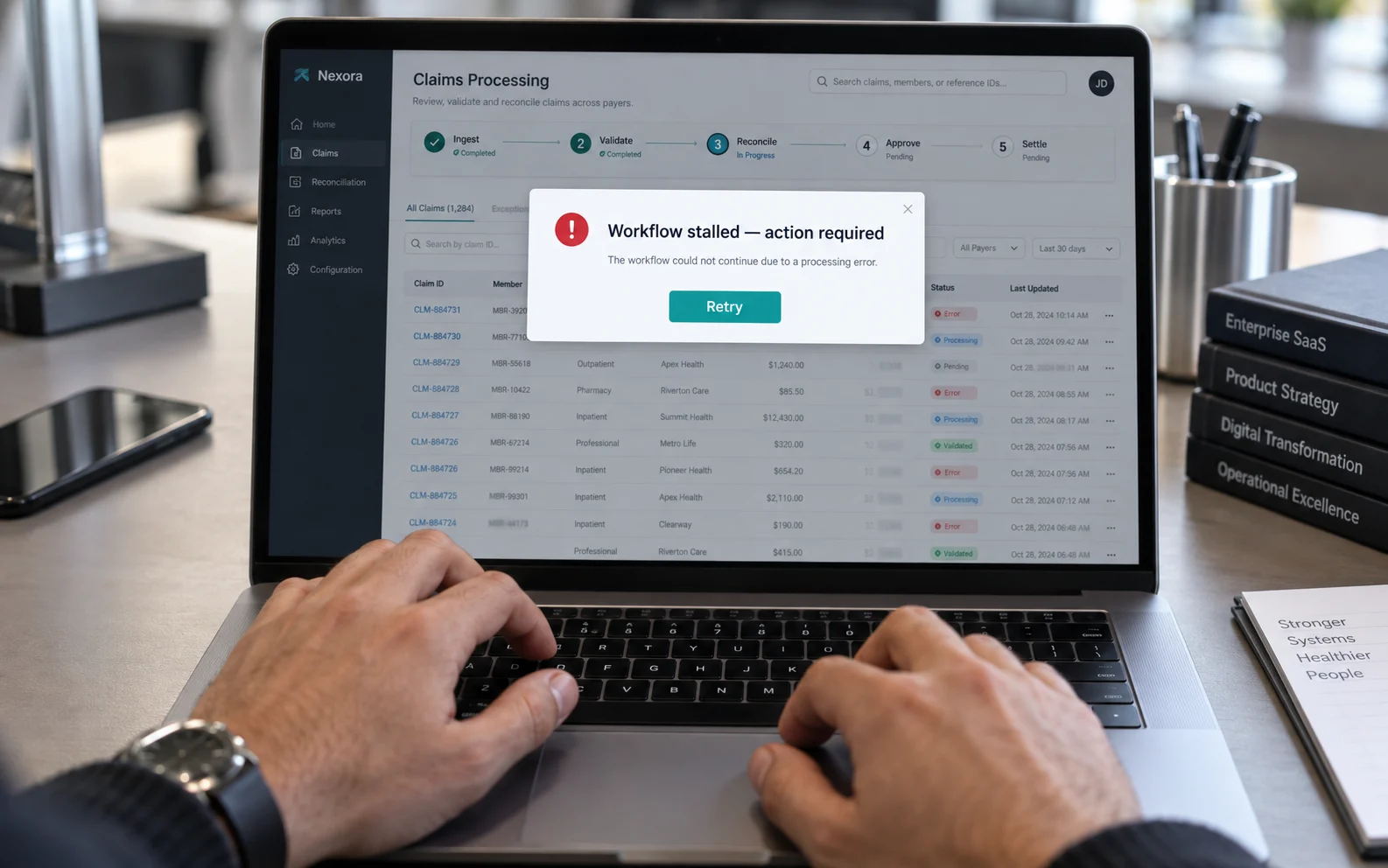 Enterprise SaaS interface showing a stalled workflow with a clear retry action, illustrating why interactive UI is the product users actually experience