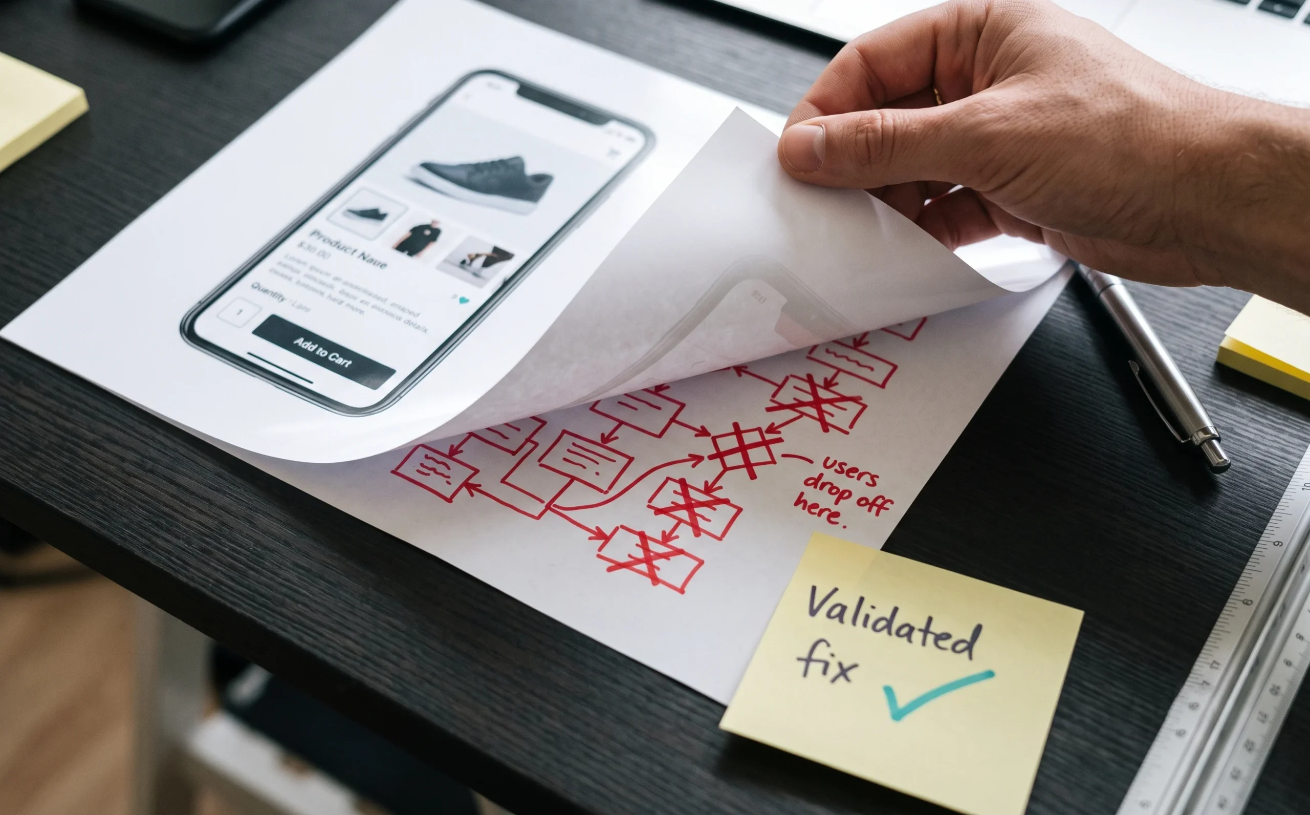 Polished UI mock-up peeled back to reveal an unresolved workflow problem underneath, illustrating the real cost of design debt