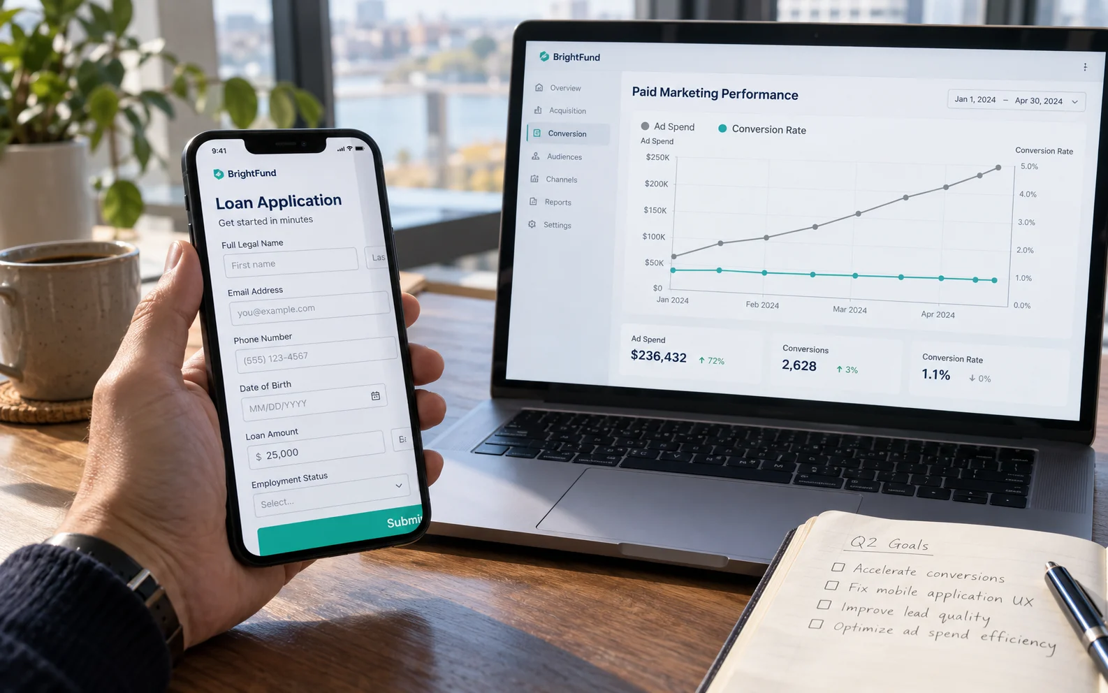 Broken mobile loan form next to analytics showing rising ad spend and flat conversions, two clear signs an enterprise website needs a redesign