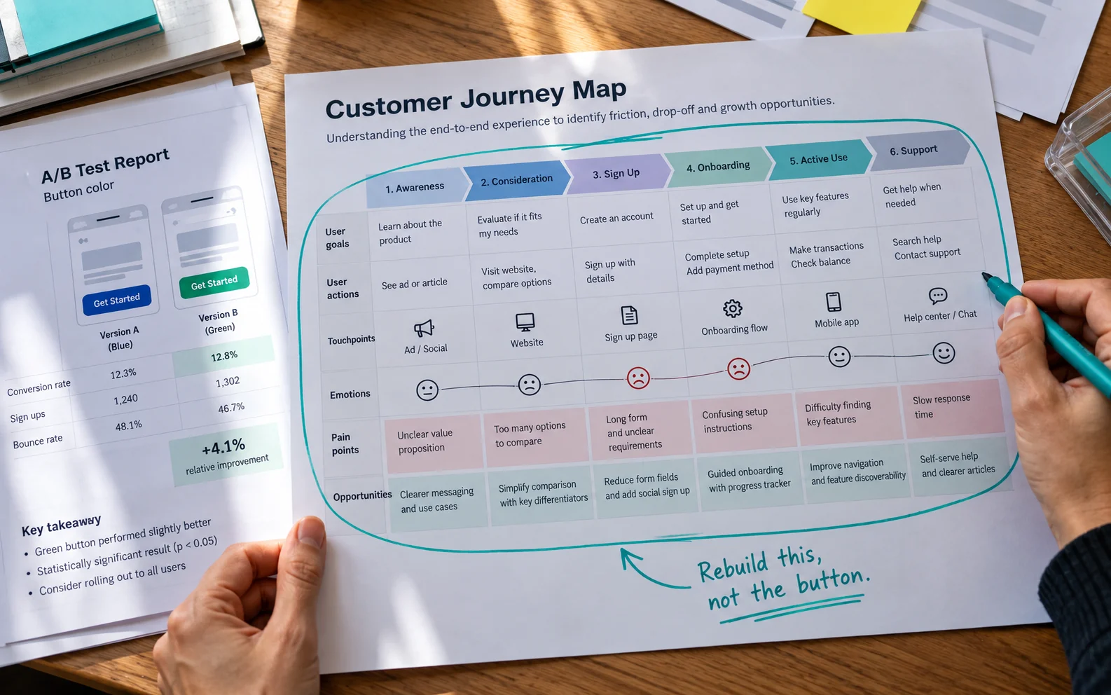A/B test report set aside next to a journey map being restructured, showing how a UX audit differs from conversion rate optimization