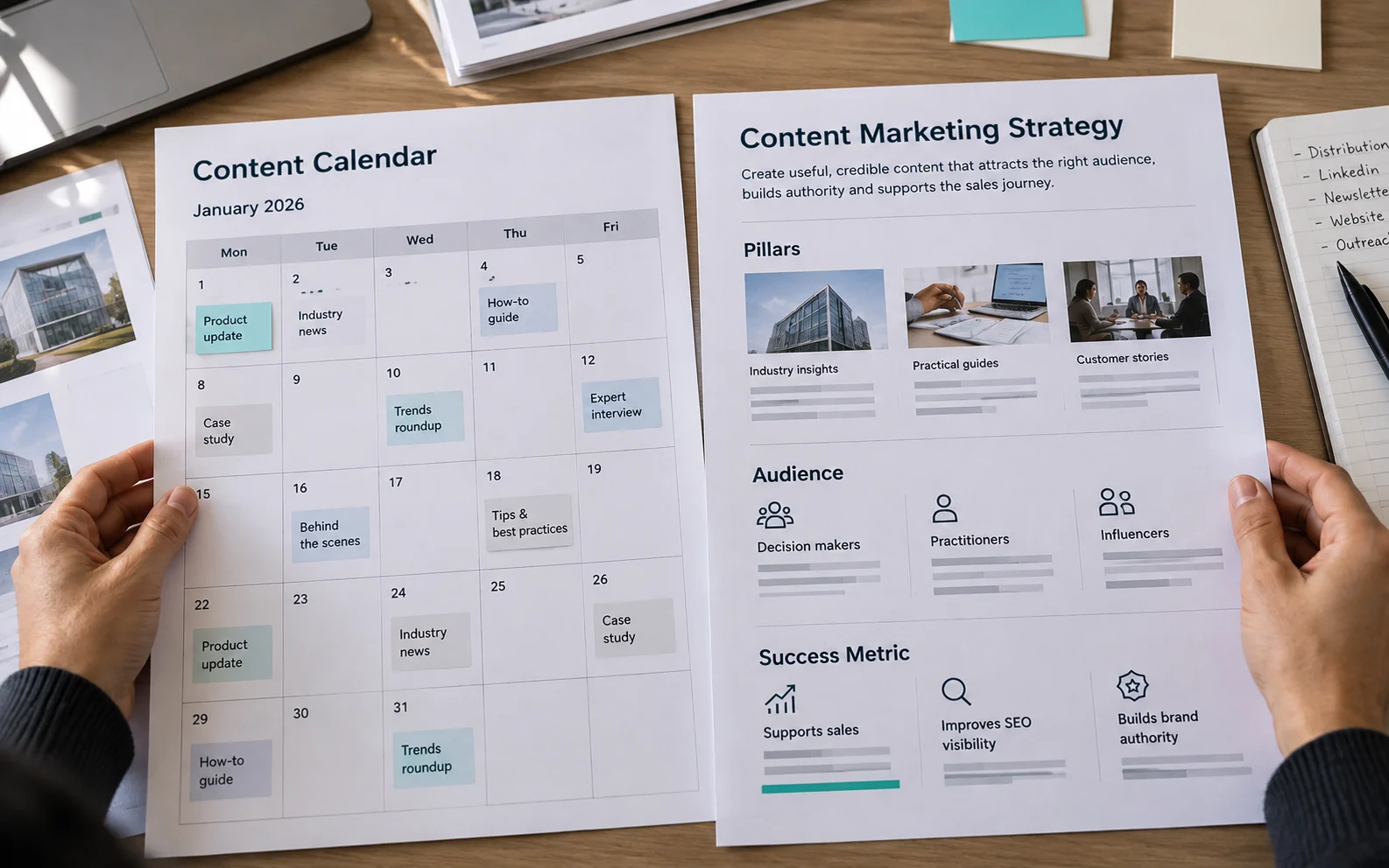 Content calendar compared with a one-page strategy sheet, showing the difference between a publishing schedule and an actual content marketing strategy