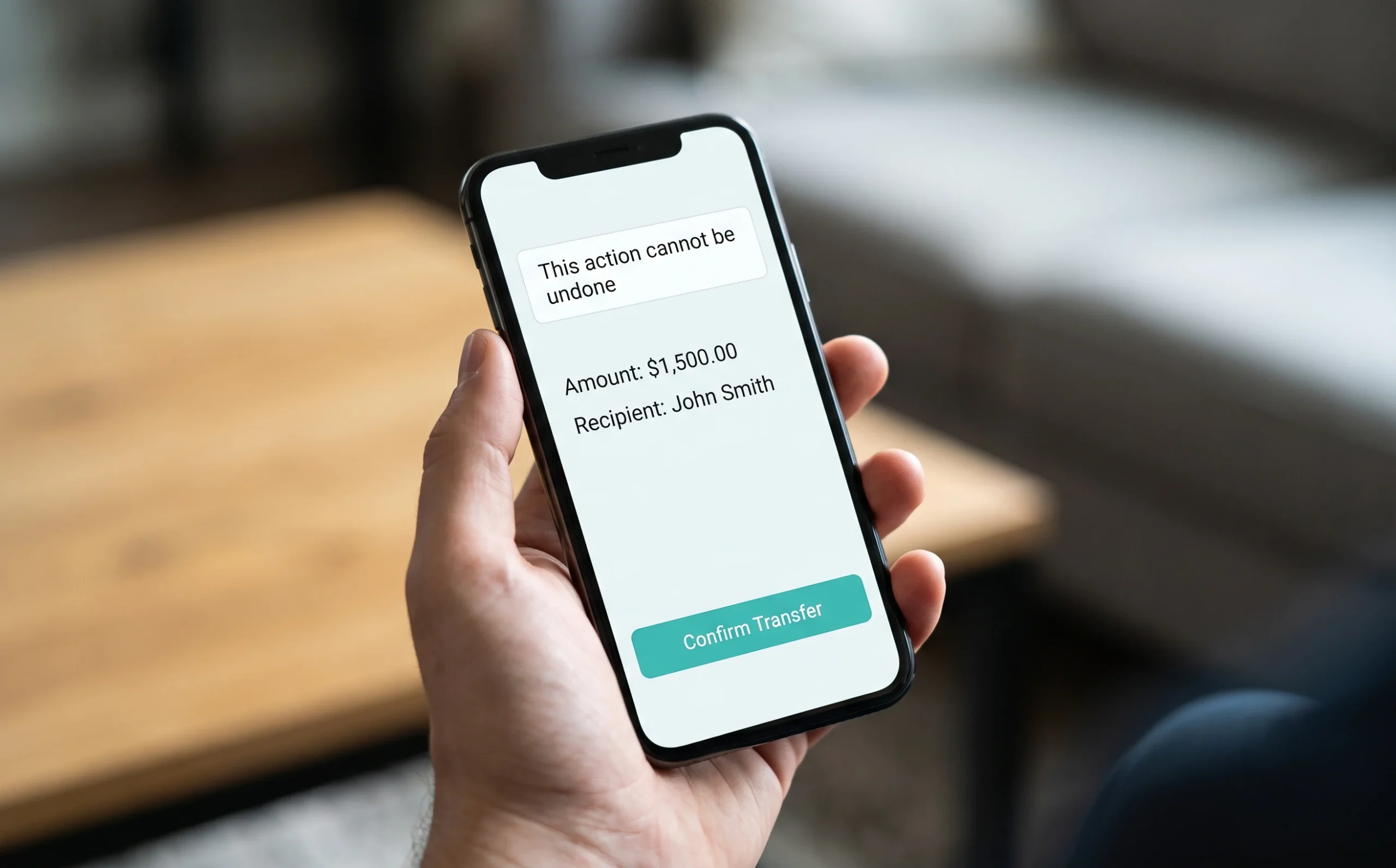 Money transfer confirmation screen with a clear irreversible-action warning, illustrating what good digital banking UX looks like at a high-stakes moment
