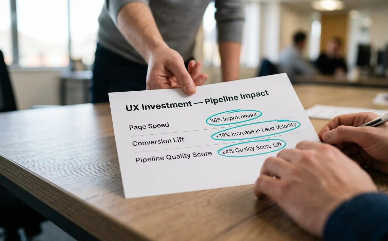 One-page UX investment business case listing page speed, conversion lift, and pipeline quality, the ROI case CMOs bring to the CFO