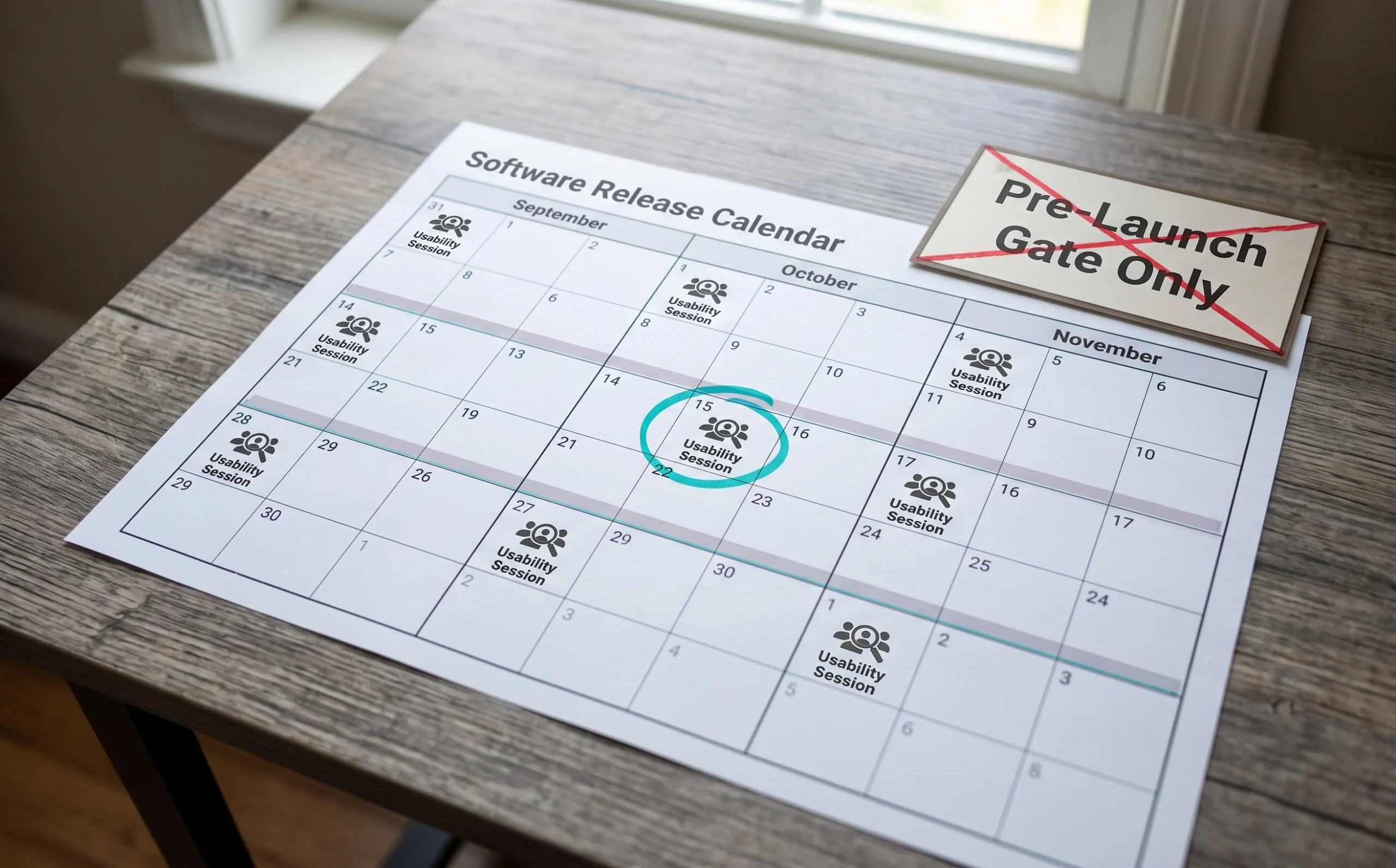 Release calendar with recurring usability testing sessions each cycle, contrasted with a single pre-launch testing gate, showing testing as an ongoing rhythm