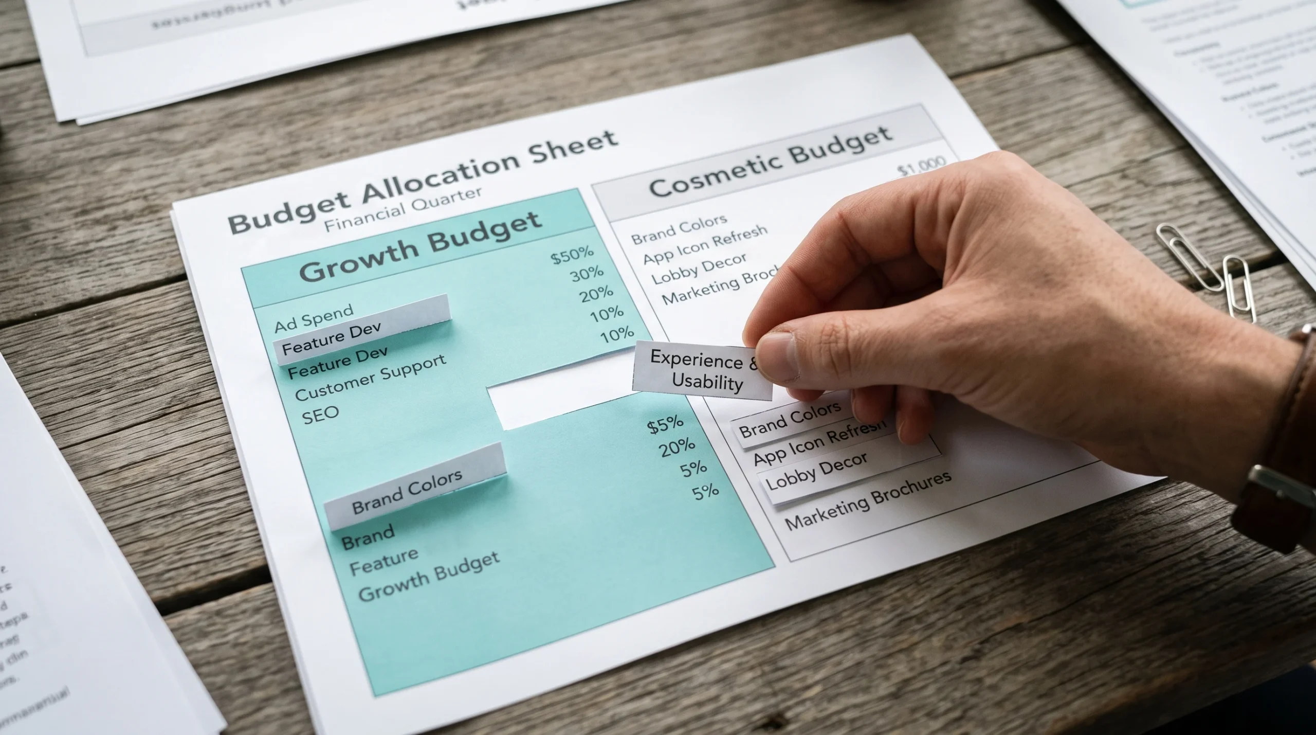 Budget sheet showing experience and usability being reclassified from cosmetic to growth spending, reflecting banking leadership priorities for 2026