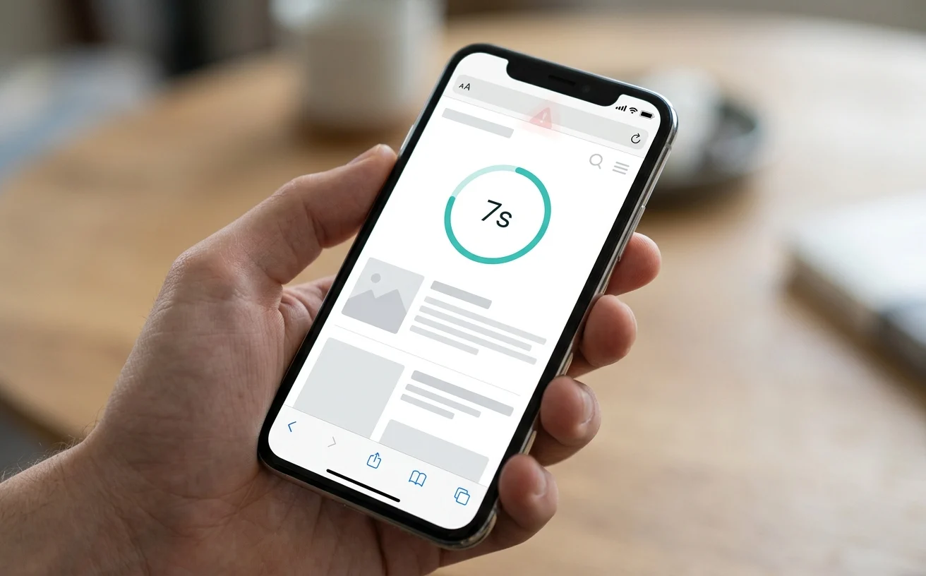 Smartphone webpage load timer approaching seven seconds, illustrating how slow page speed erodes trust and drives lead abandonment