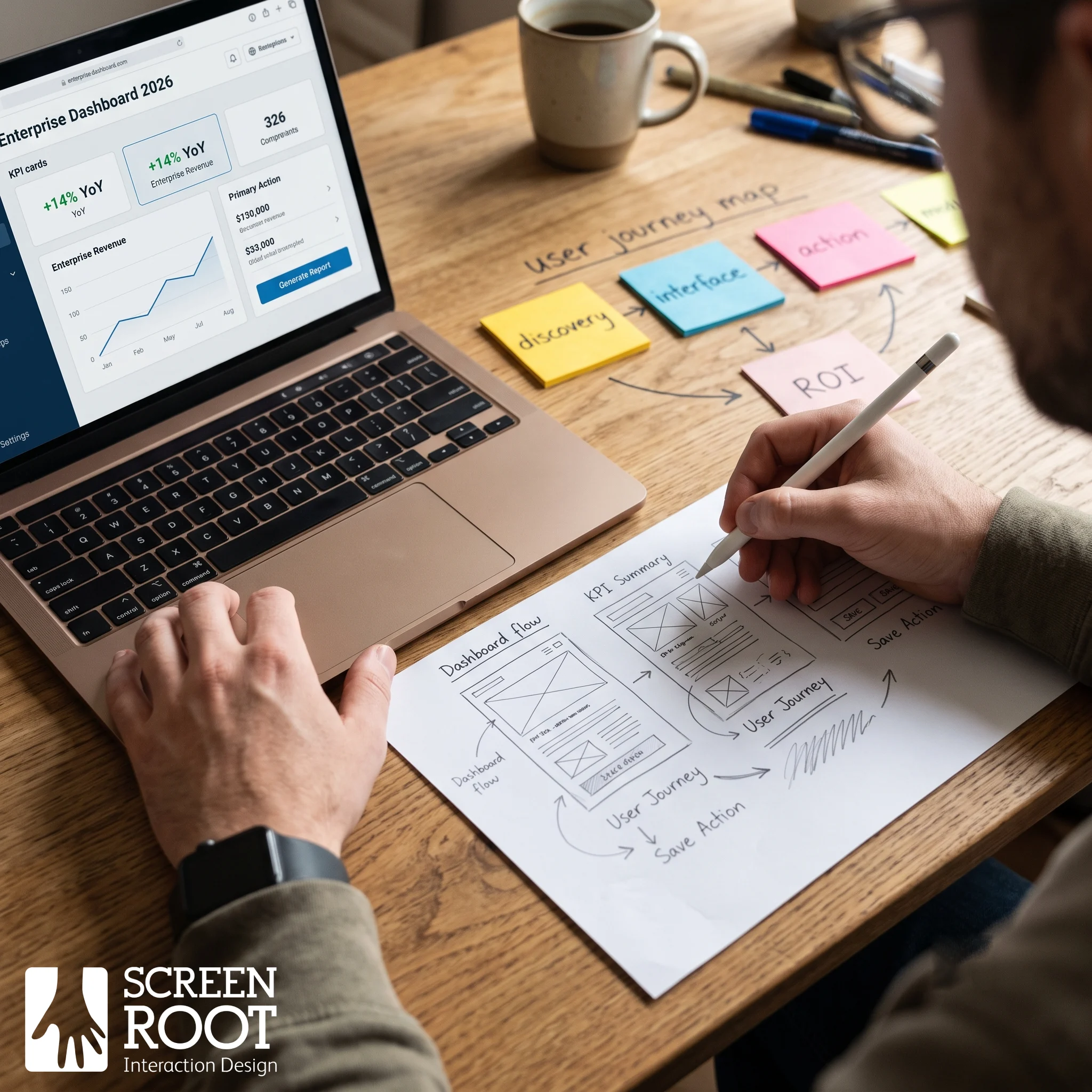 Designer’s hands reviewing a wireframe beside an enterprise dashboard, showing how B2B UX design and usability drive ROI