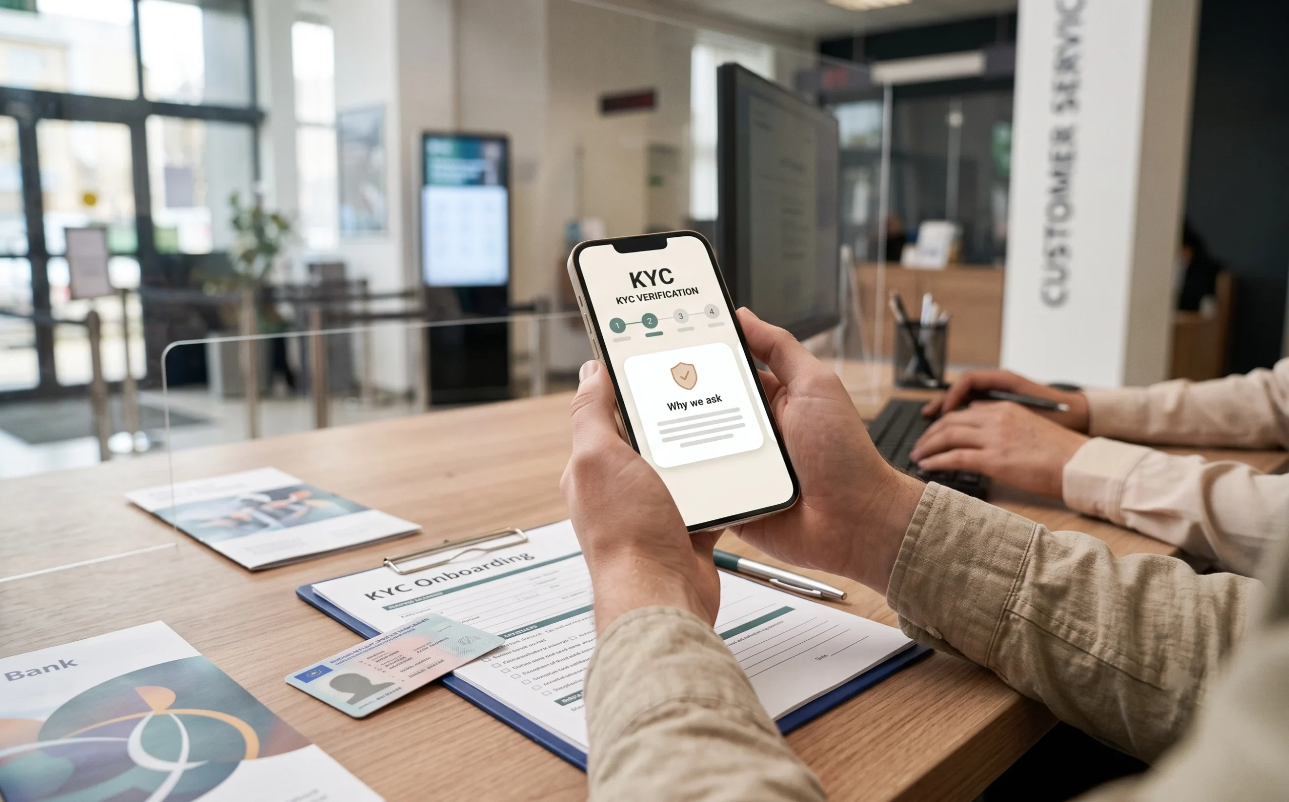 Hands completing a plain-language KYC flow with progress steps and a reason card, showing how banks humanize compliance