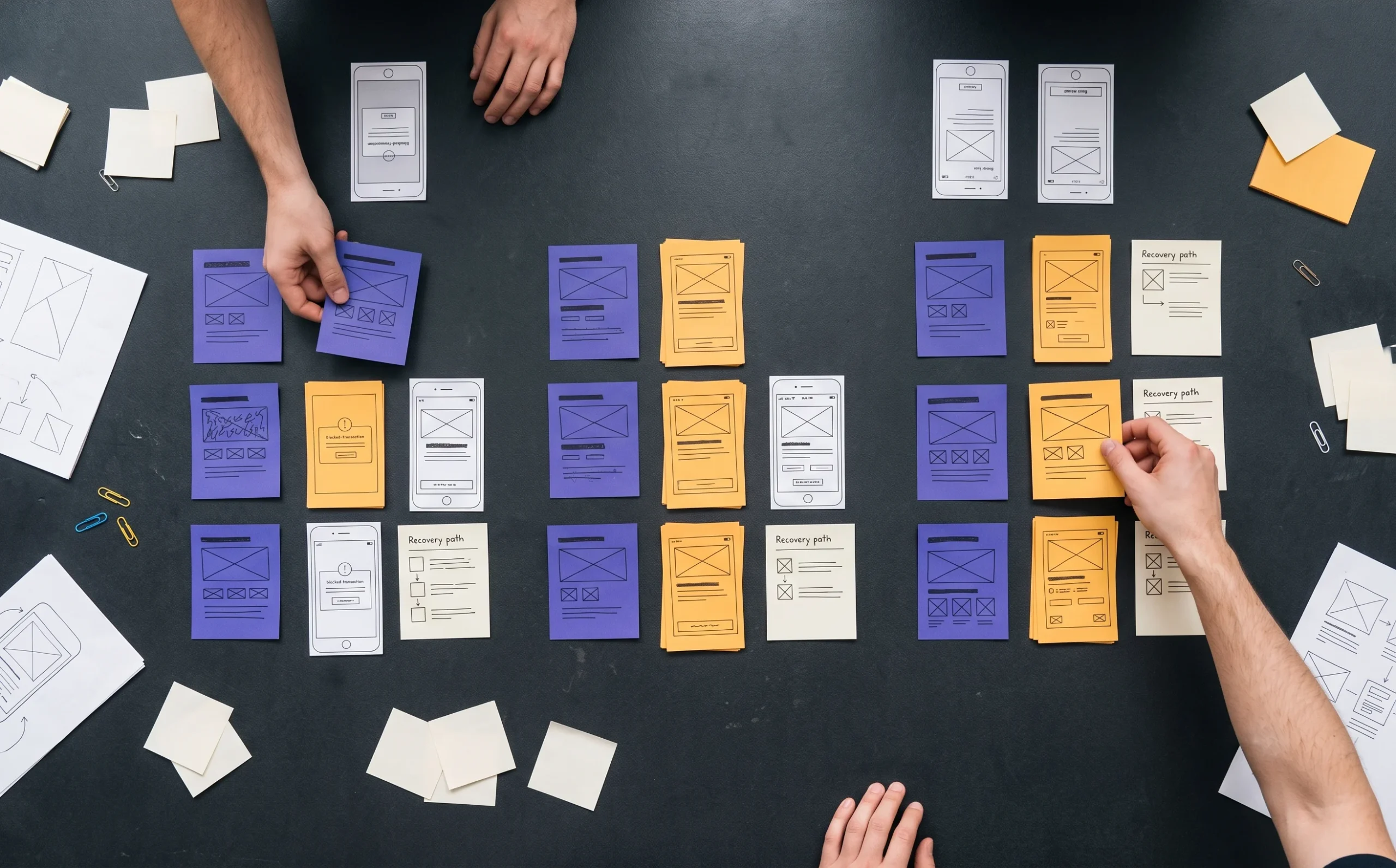 Risk and design teams pairing compliance rule cards with app screens to show how systemic UX aligns compliance and experience