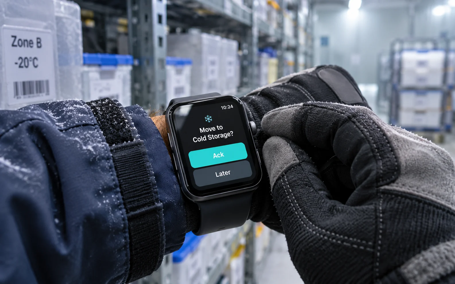 Gloved hand using the side crown beside oversized touch targets on a smartwatch, showing how ergonomics shape wearable UI for motion, glare and gloves